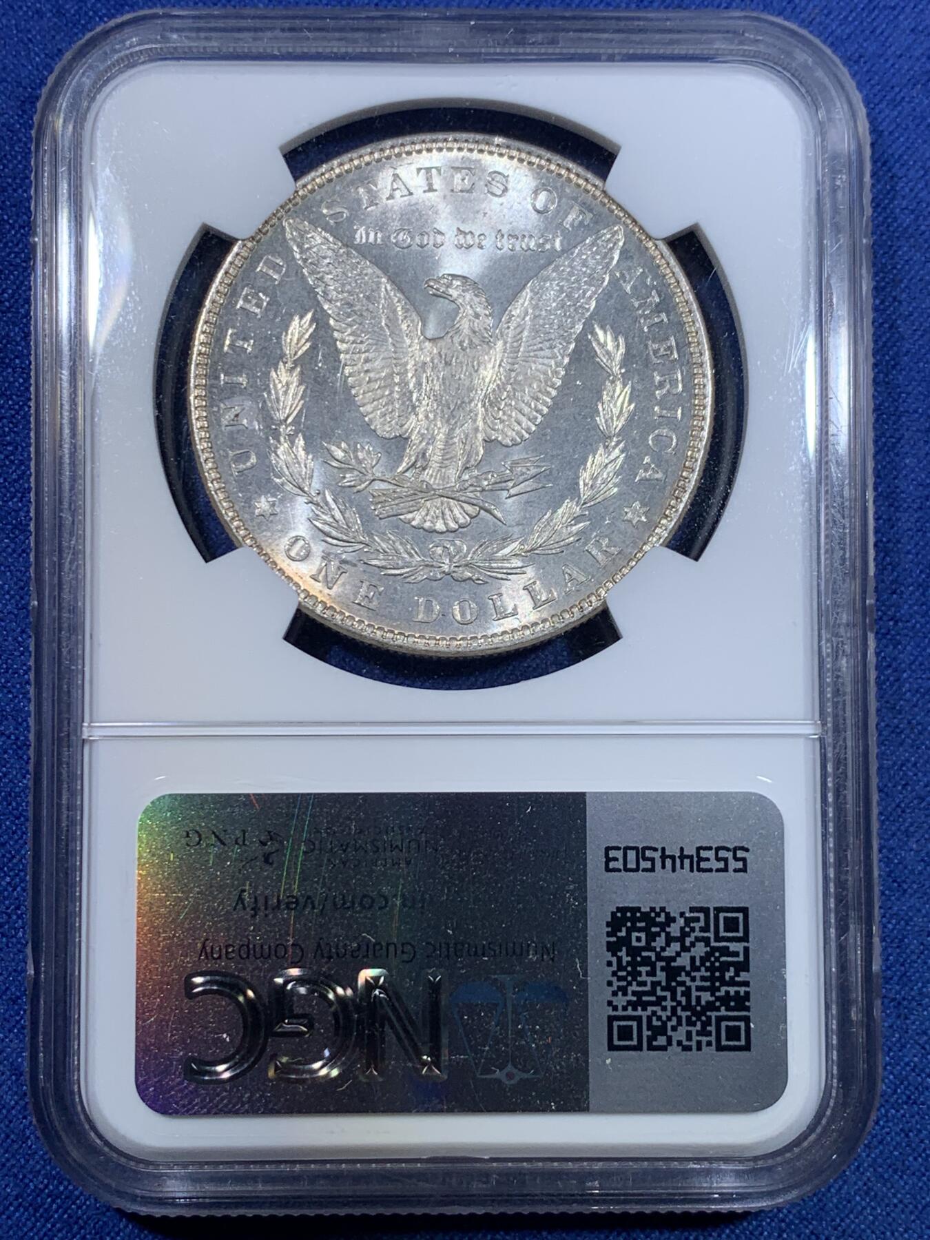 《竞宝斋》第299场- 周日，周一  2场连拍 （全场包邮） NGC MS63 美国1887年摩根银币 双面环金彩包浆 镜面感真的强 鹰面状态极好