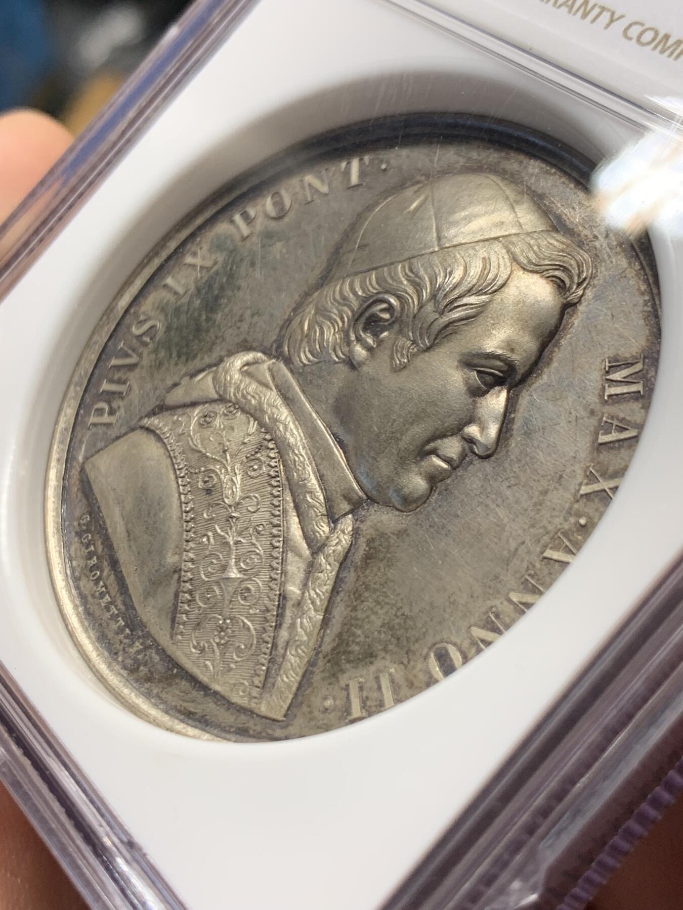 《竞宝斋》第299场- 周日，周一  2场连拍 （全场包邮） NGC MS61 教皇国 1847 庇护九世 圣彼得和圣保罗雕塑 纪念银章 加厚盒装 少见品种