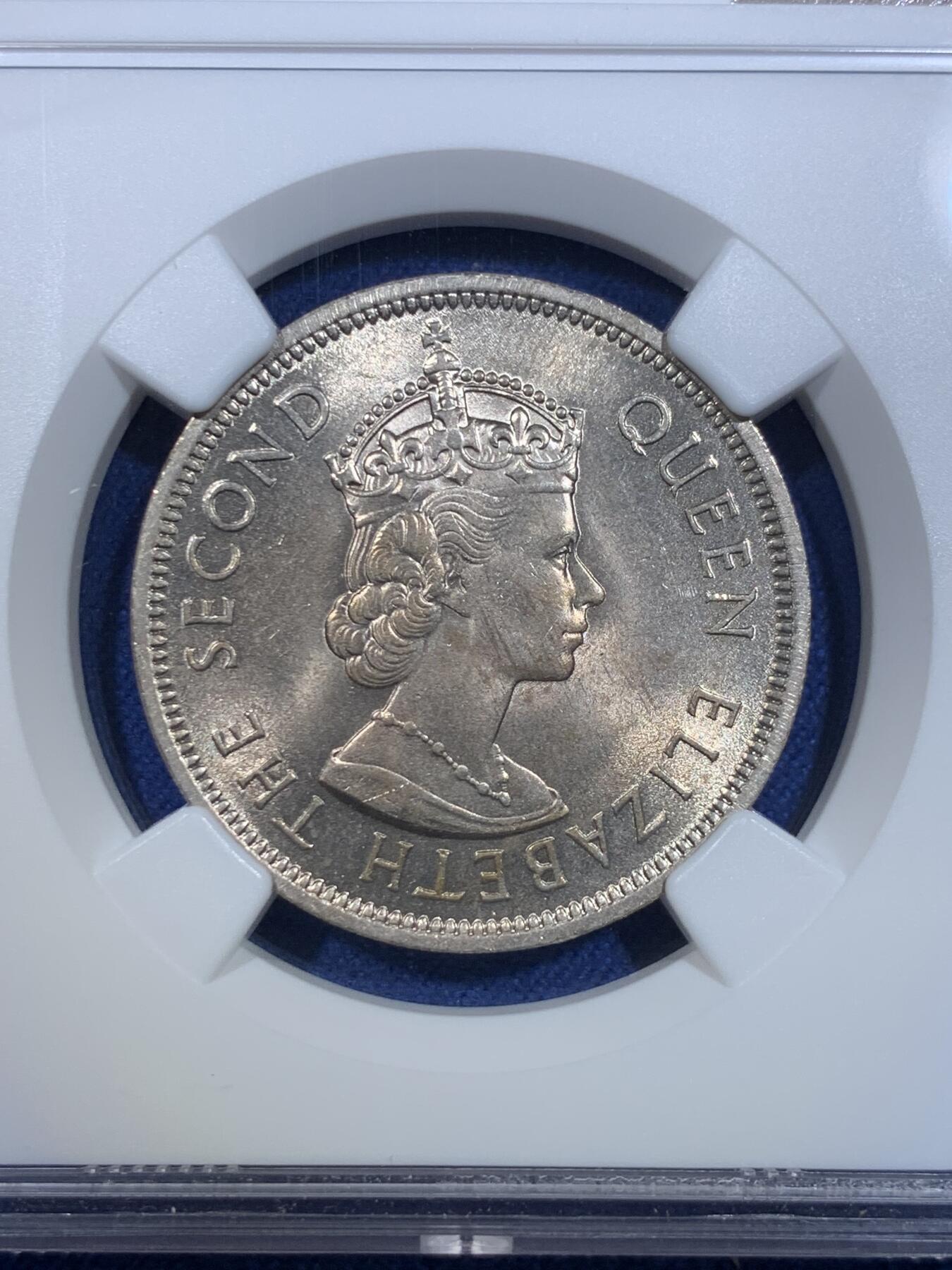 《竞宝斋》第299场- 周日，周一  2场连拍 （全场包邮） NGC MS65 香港1960年H版，大一元镍币，早期女王大一元年份，不多见好品！