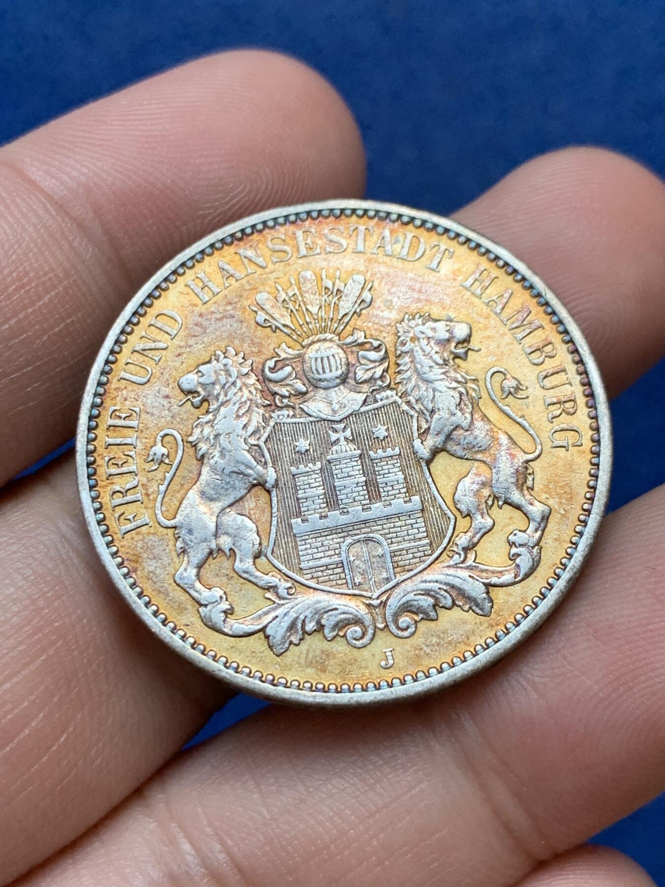 《竞宝斋》第299场- 周日，周一  2场连拍 （全场包邮） 德国1911年汉堡双狮3马克银币