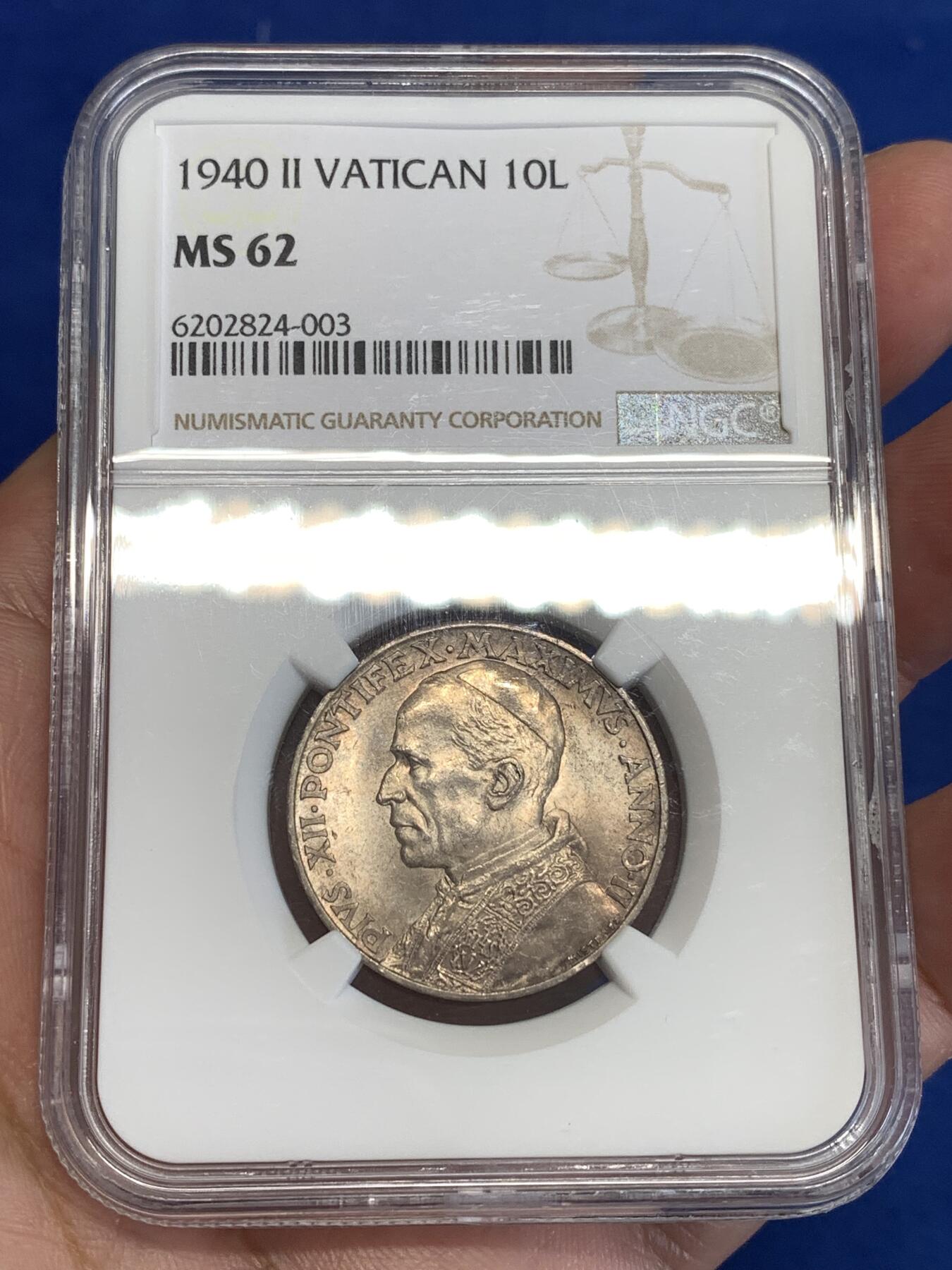 《竞宝斋》第299场- 周日，周一  2场连拍 （全场包邮） NGC MS62 梵蒂冈 1940年 10里拉 银币 极其稀少 当年仅发行了1万枚 此版从39年到41年总共只发行了2.4万枚