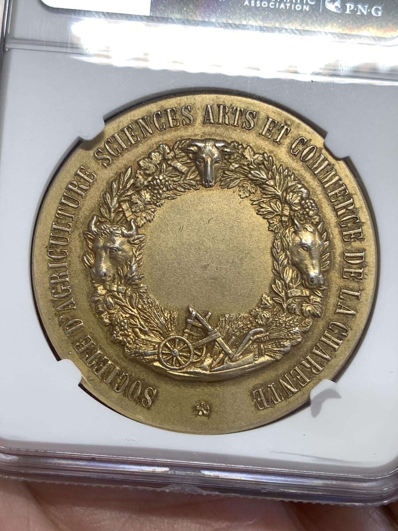 《竞宝斋》第299场- 周日，周一  2场连拍 （全场包邮） NGC MS63 法国农业协会镀金银章marey名作（麦田里的收获场景与辛勤的农户们）41mm丰饶角agent