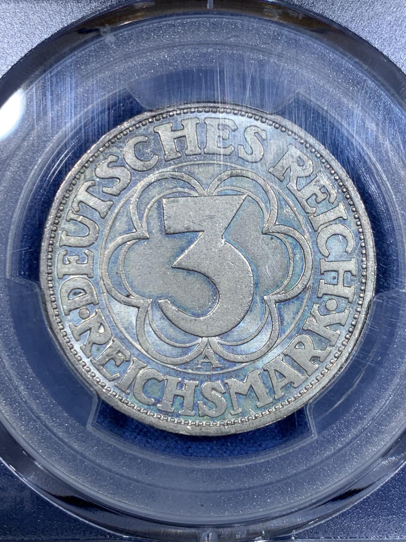 《竞宝斋》第299场- 周日，周一  2场连拍 （全场包邮） PCGS MS64+ 德国1927A魏玛时期诺德豪森3马克银币，克书MS63标价650美金，少见