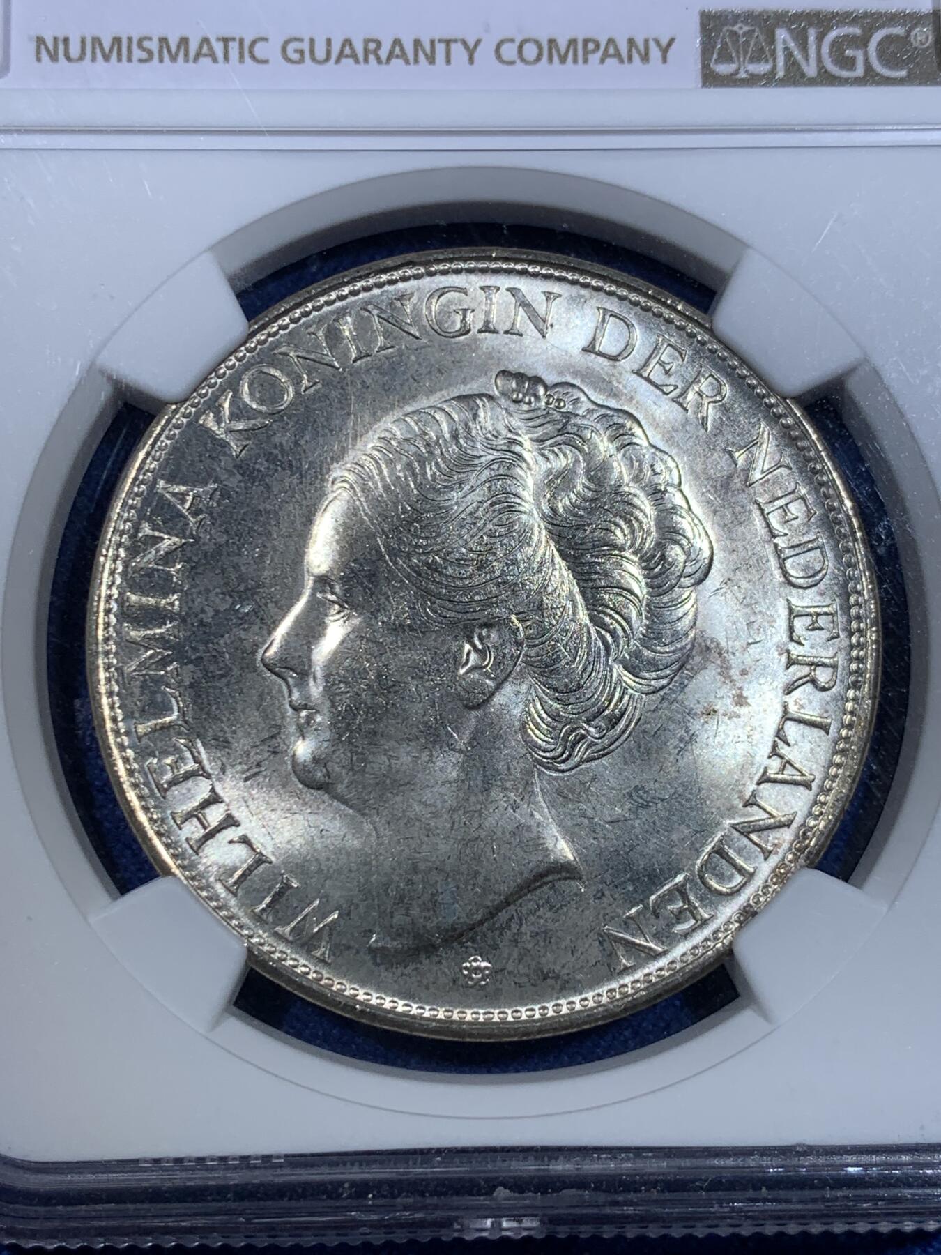 《竞宝斋》第299场- 周日，周一  2场连拍 （全场包邮） NGC MS64 荷属库拉索1944年威廉明娜女王2.5盾大银币