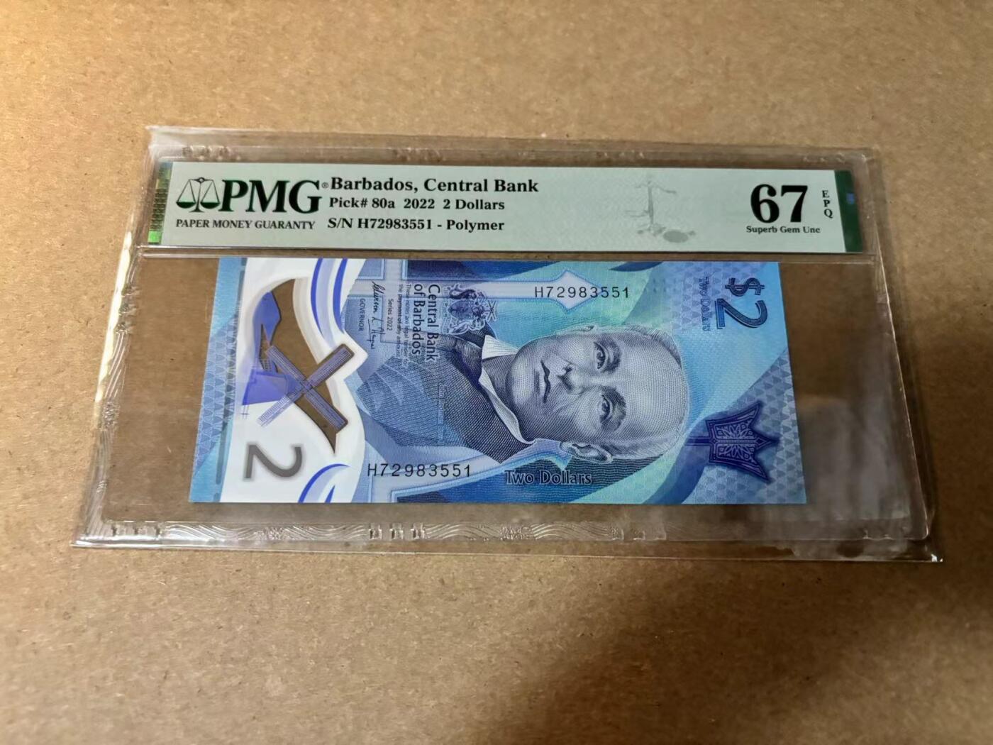 【Blue Auction】✨世界纸币精拍第530期【精】 巴巴多斯 2022年2元 PMG67EPQ 高分