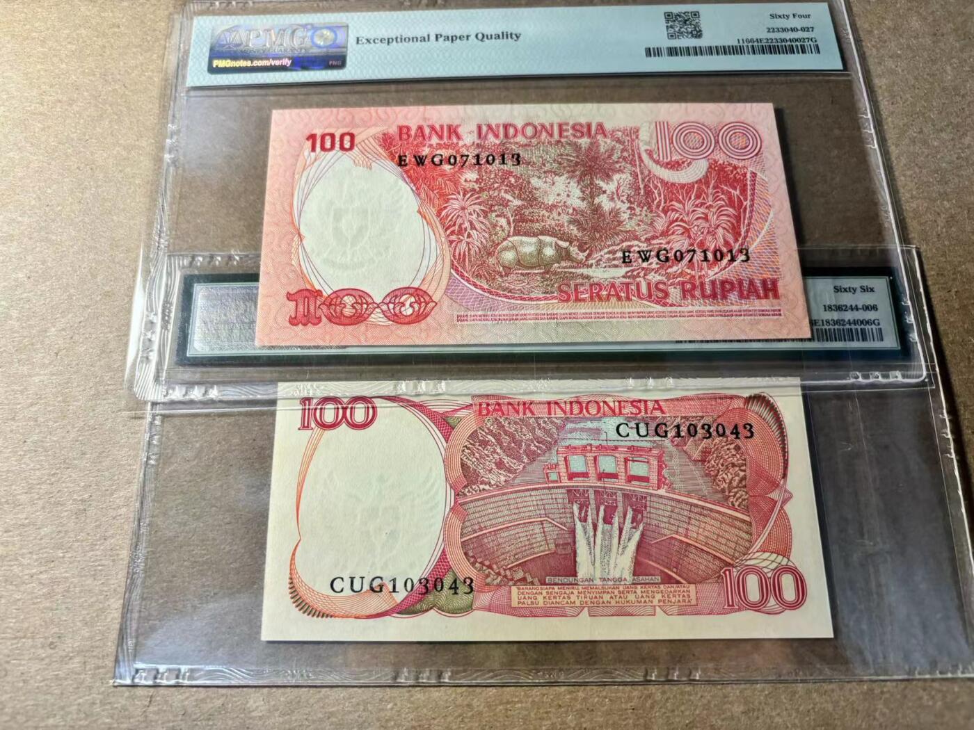 【Blue Auction】✨世界纸币精拍第530期【精】 【一组2张】印尼 1977-84年100卢比 PMG66EPQ-64EPQ