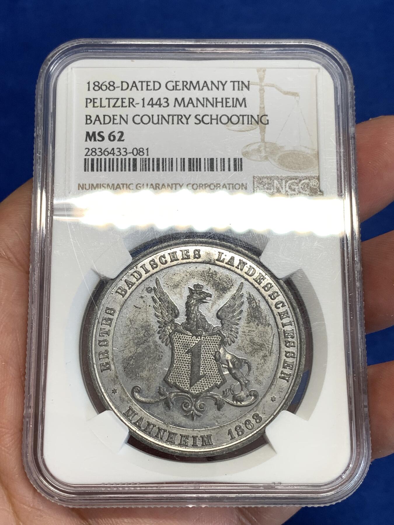 《竞宝斋》第299场- 周日，周一  2场连拍 （全场包邮） NGC MS62 德国1868巴登国家射击节纪念章