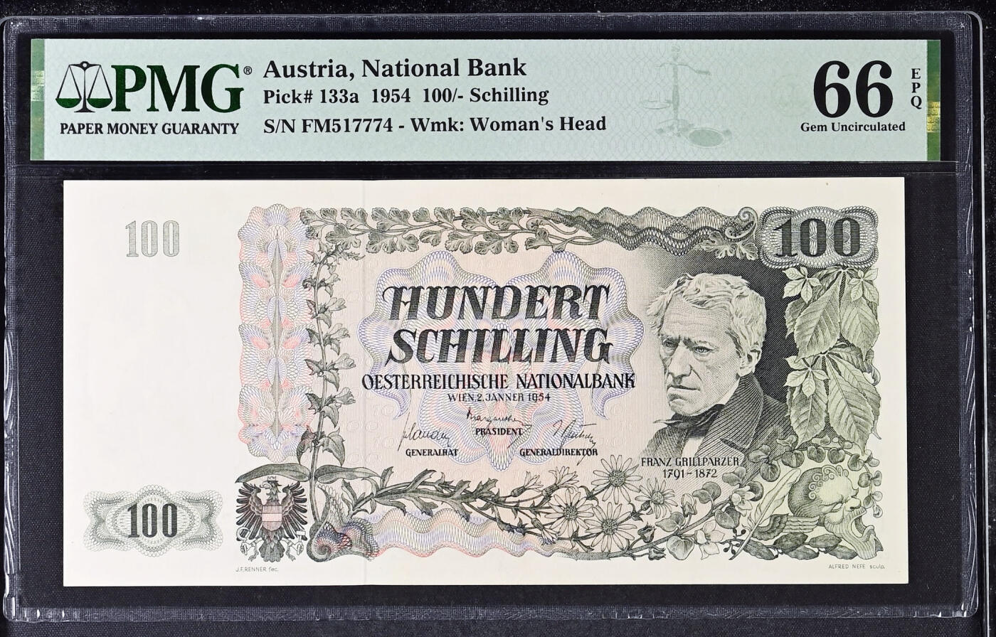 【Blue Auction】✨世界纸币精拍第530期【精】     【仅1张更高分】奥地利 1954年100先令 PMG66EPQ 设计非常漂亮 奥地利剧作家、诗人格里尔伯泽