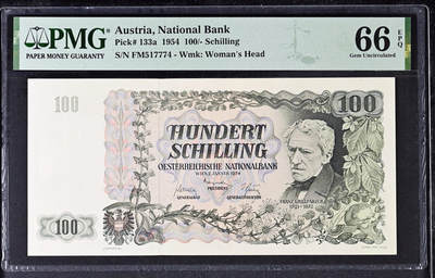 【Blue Auction】✨世界纸币精拍第530期【精】 -     【仅1张更高分】奥地利 1954年100先令 PMG66EPQ 设计非常漂亮 奥地利剧作家、诗人格里尔伯泽