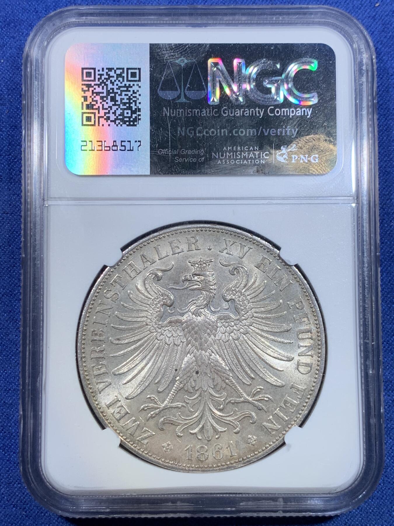 《竞宝斋》第299场- 周日，周一  2场连拍 （全场包邮） NGC MS62 德国1861年法兰克福少女2泰勒大银币 转光强烈 越来越贵的品种