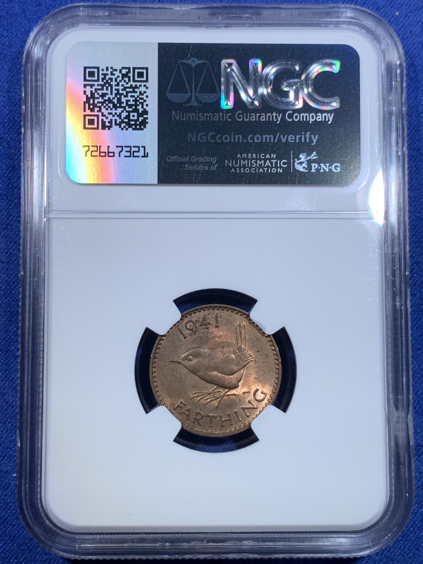 《竞宝斋》第299场- 周日，周一  2场连拍 （全场包邮） NGC MS63RB 英国1941年乔治六世法新铜币