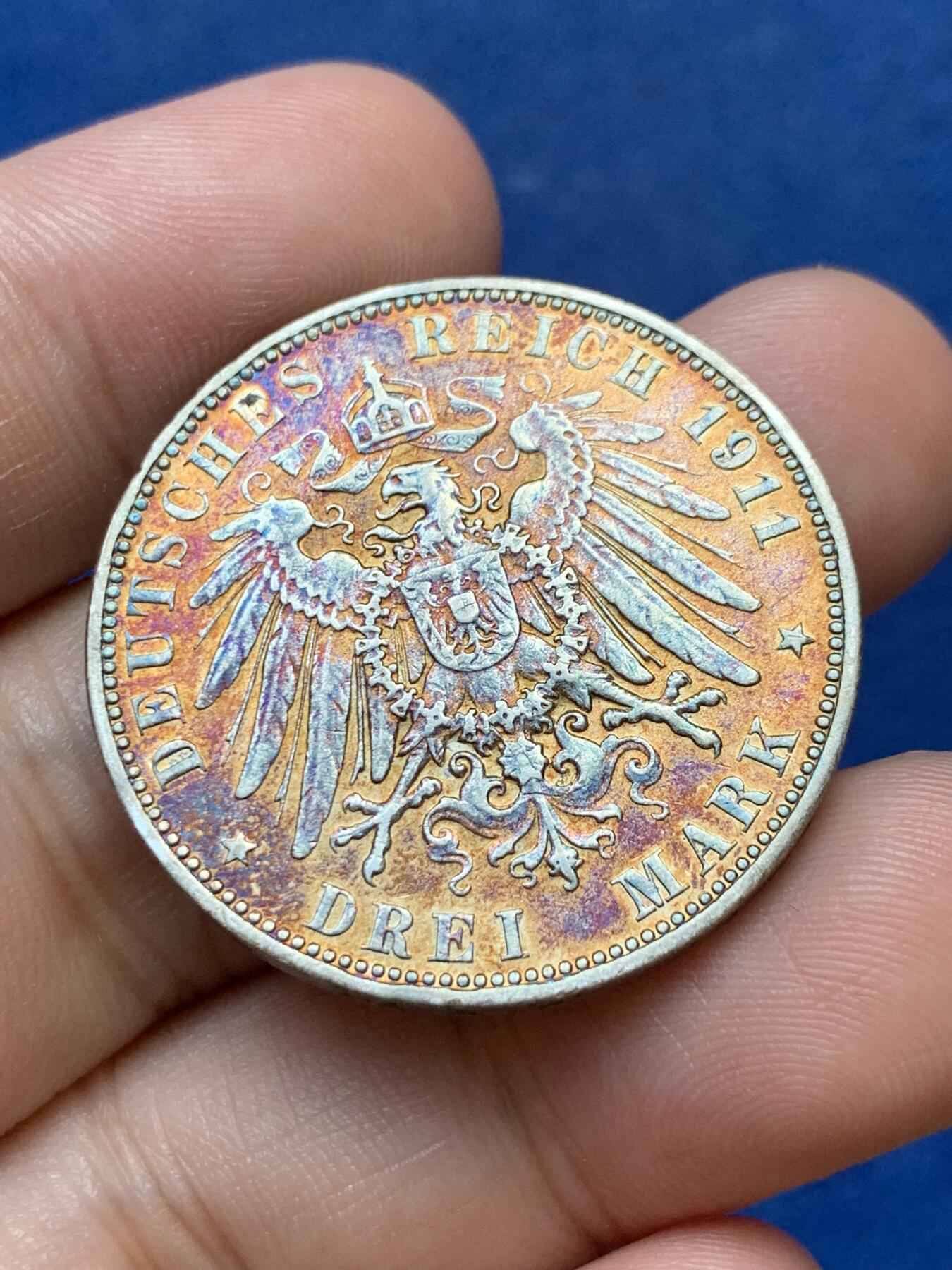 《竞宝斋》第299场- 周日，周一  2场连拍 （全场包邮） 德国1911年汉堡双狮3马克银币