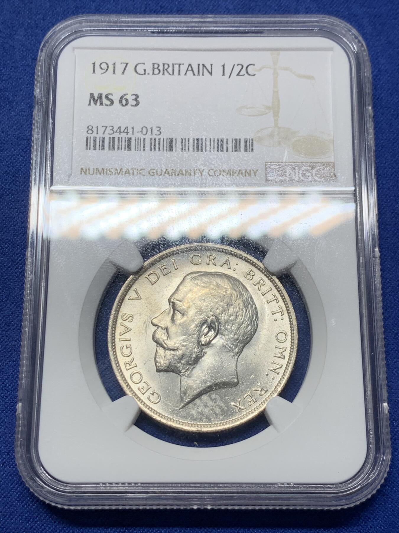 《竞宝斋》第299场- 周日，周一  2场连拍 （全场包邮） NGC MS63 英国1917乔治五世半克朗 强转光 cgs80砸出 上海n低评