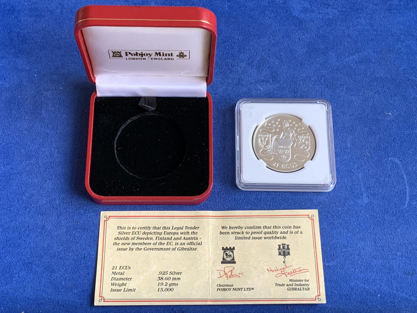 《竞宝斋》第299场- 周日，周一  2场连拍 （全场包邮） 1995年英属直布罗陀 欧罗巴与奥地利、瑞典和芬兰的希尔兹21ECUS纪念币 19.2克 38.0 mm  925银