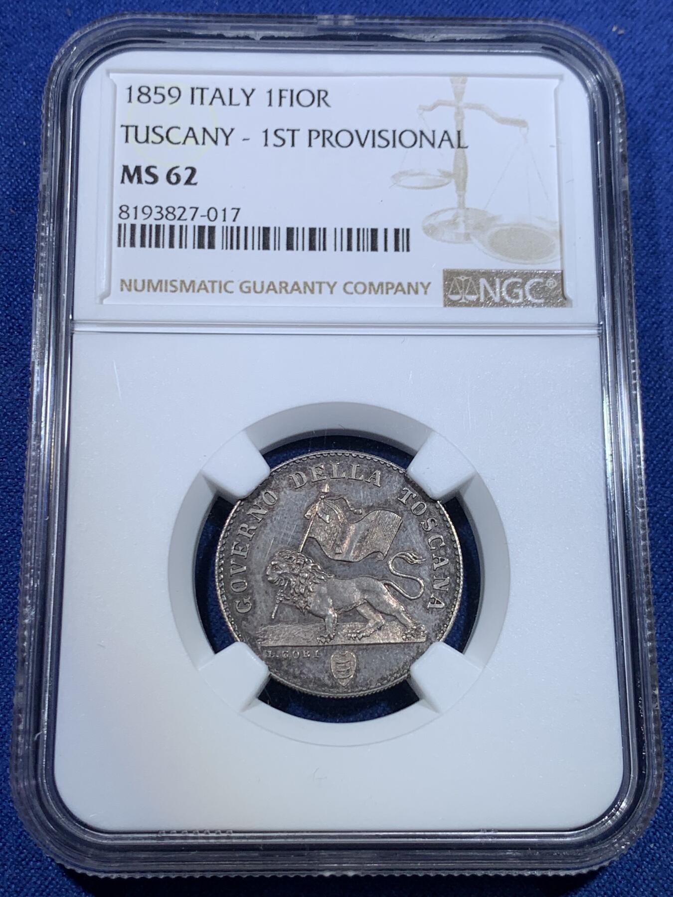 《竞宝斋》第299场- 周日，周一  2场连拍 （全场包邮） NGC MS62 意大利1859托斯卡纳临时政府1弗洛林，单年版，临时政府发行的唯一银币。状态极佳带PL