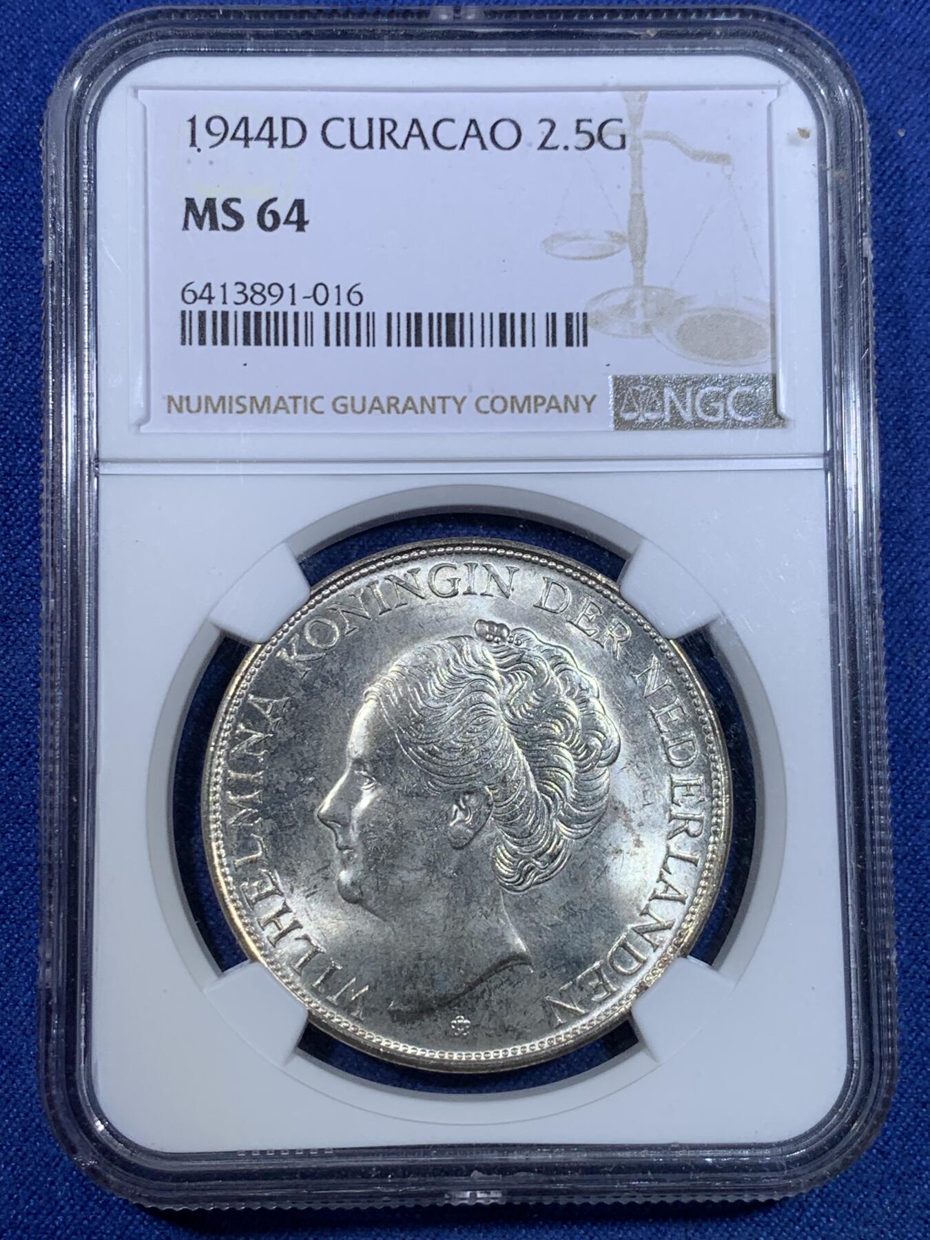 《竞宝斋》第299场- 周日，周一  2场连拍 （全场包邮） NGC MS64 荷属库拉索1944年威廉明娜女王2.5盾大银币