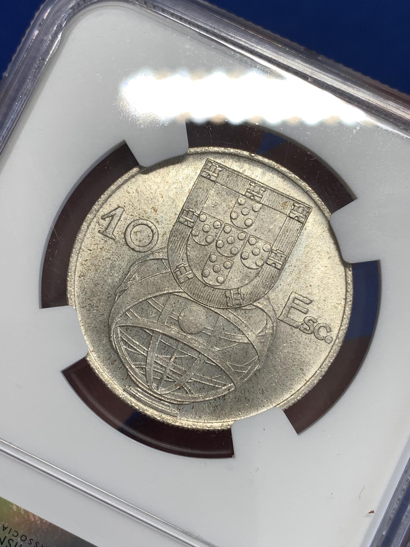 《竞宝斋》第299场- 周日，周一  2场连拍 （全场包邮） NGC MS65 葡萄牙1954年大帆船10埃斯库多银币