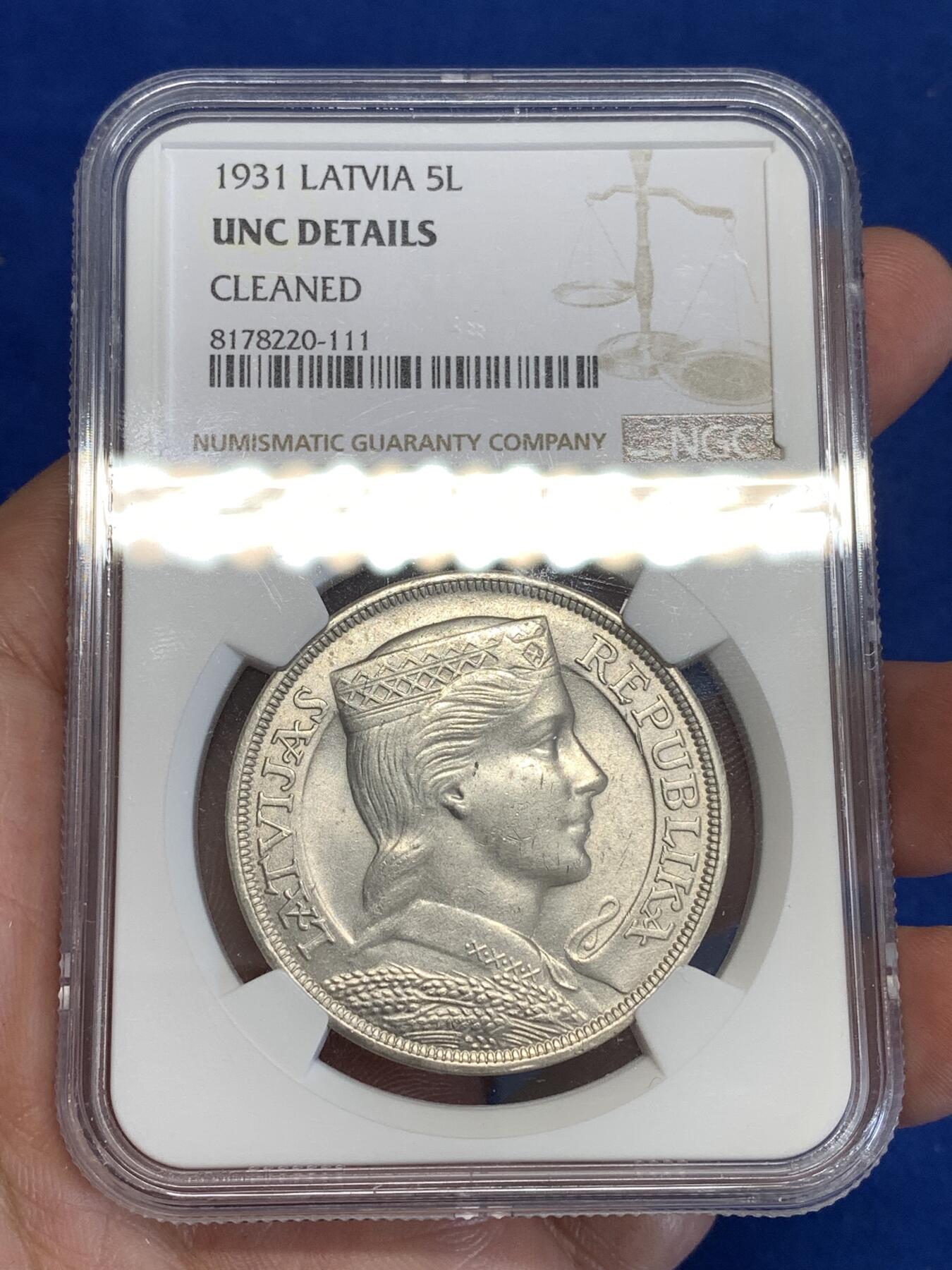 《竞宝斋》第299场- 周日，周一  2场连拍 （全场包邮） NGC UNC 拉脱维亚1931年5L大银币