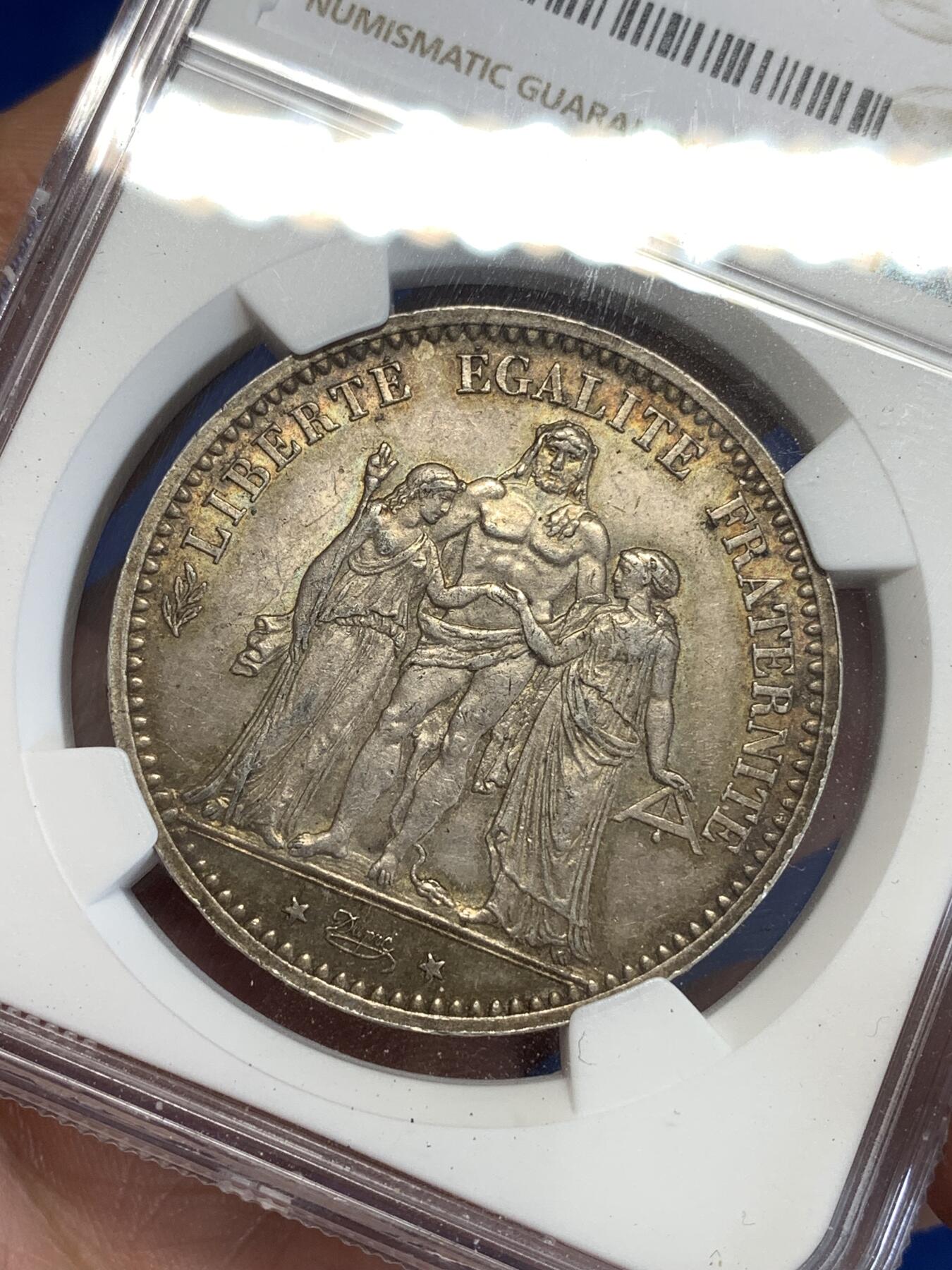 《竞宝斋》第299场- 周日，周一  2场连拍 （全场包邮） NGC AU58 法国1874年大力神5法郎银币