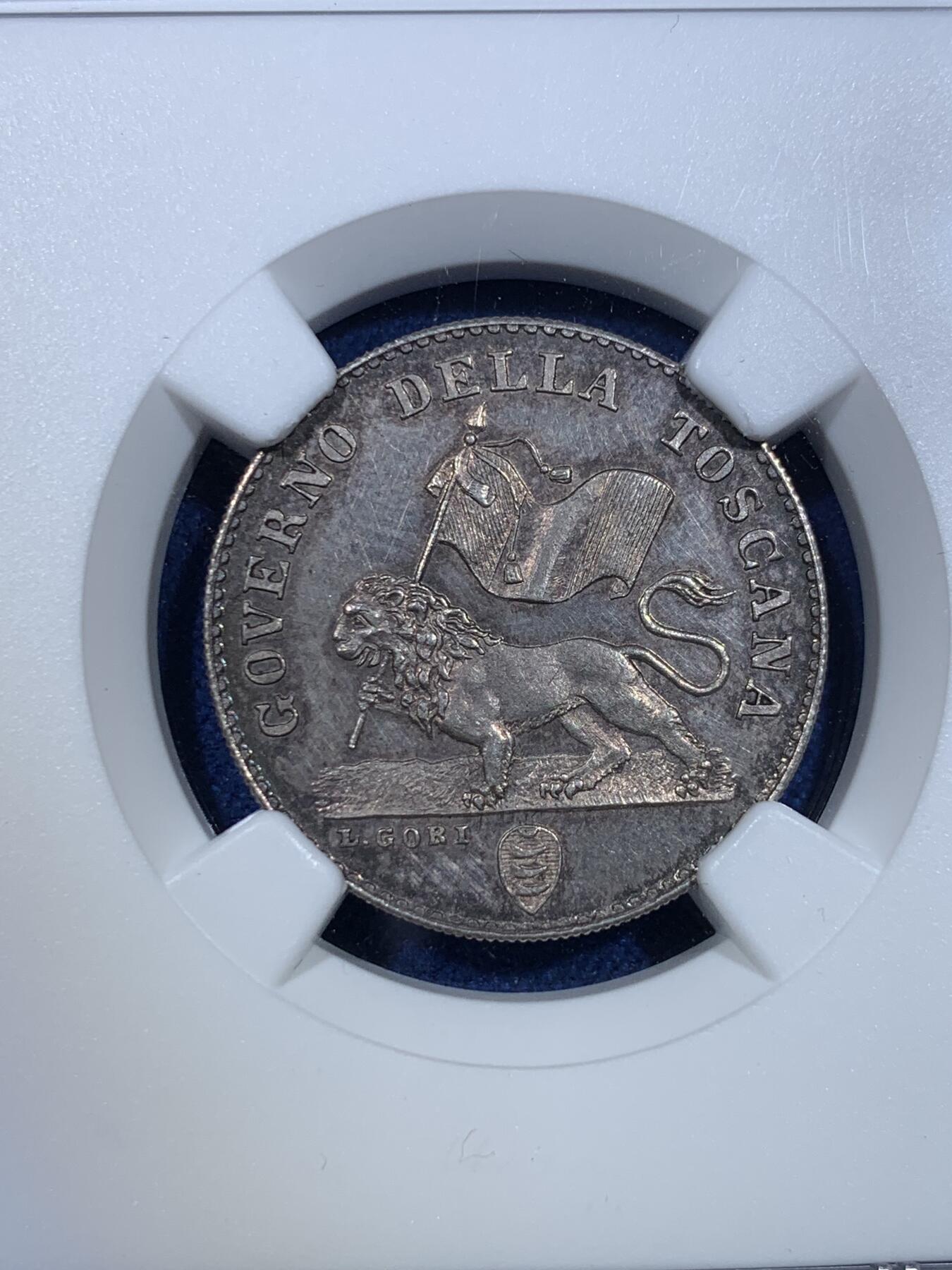 《竞宝斋》第299场- 周日，周一  2场连拍 （全场包邮） NGC MS62 意大利1859托斯卡纳临时政府1弗洛林，单年版，临时政府发行的唯一银币。状态极佳带PL