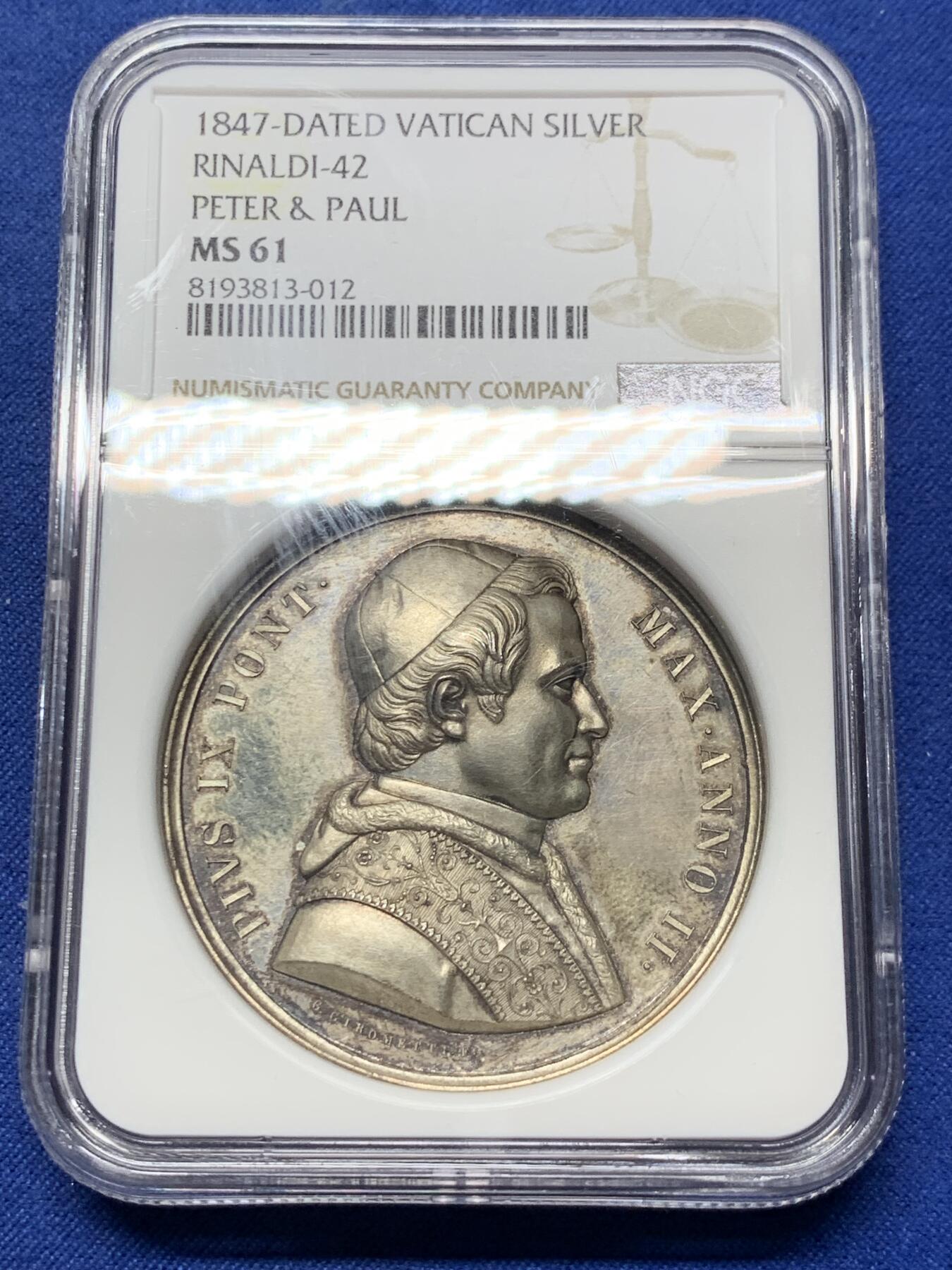 《竞宝斋》第299场- 周日，周一  2场连拍 （全场包邮） NGC MS61 教皇国 1847 庇护九世 圣彼得和圣保罗雕塑 纪念银章 加厚盒装 少见品种