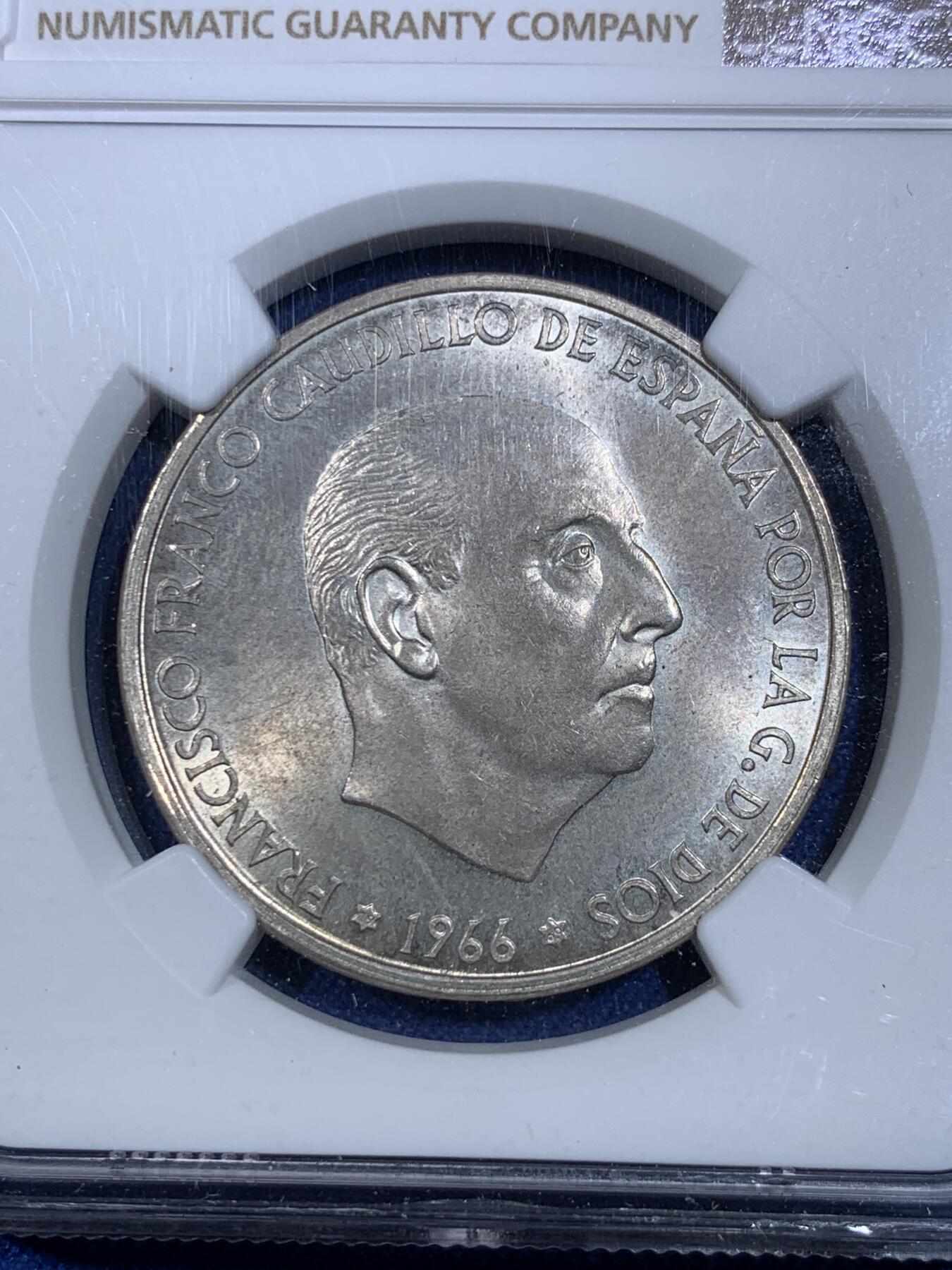 《竞宝斋》第299场- 周日，周一  2场连拍 （全场包邮） NGC MS64 西班牙1966(69) 弗朗哥100比塞塔银币 大特年