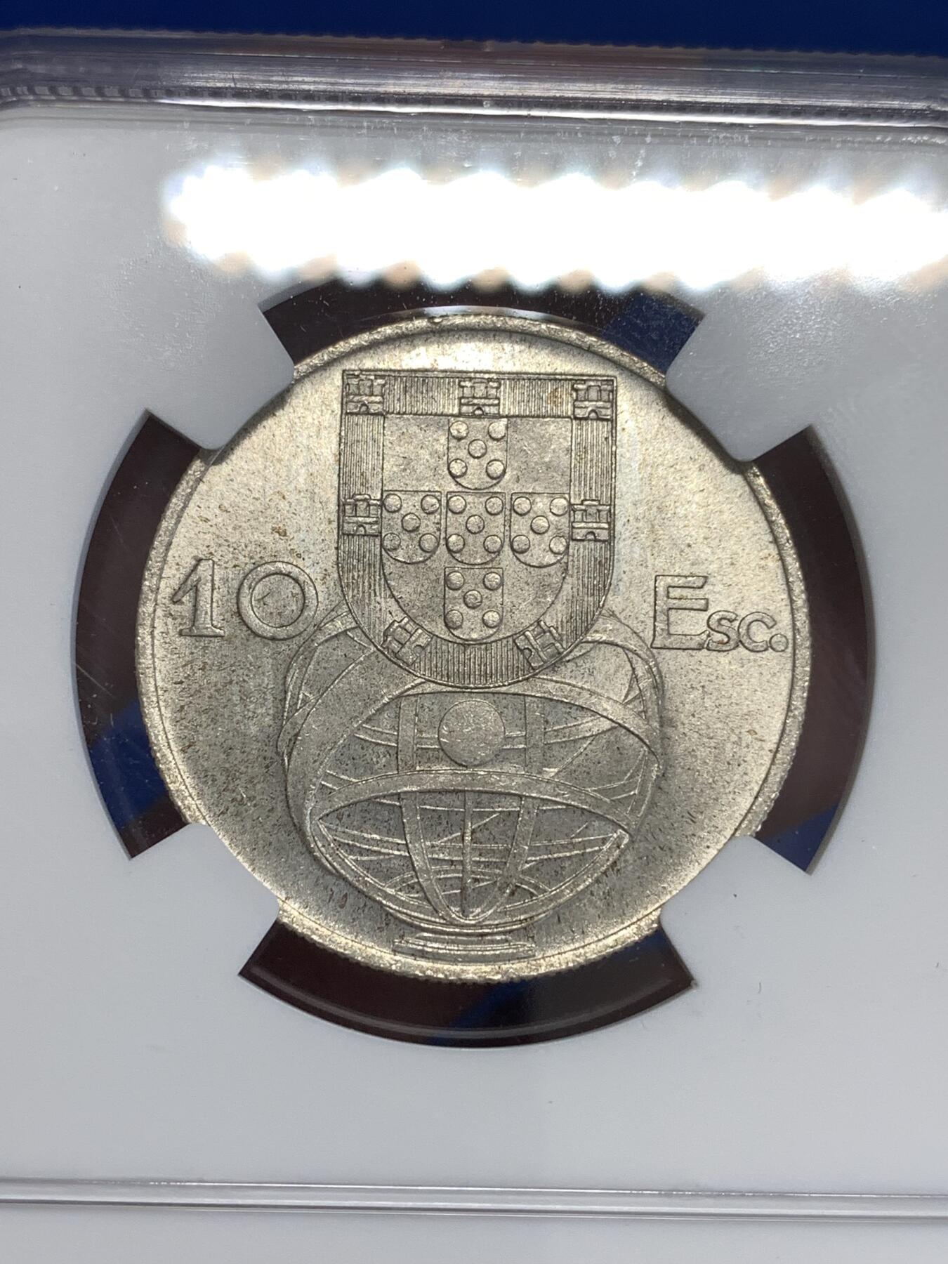 《竞宝斋》第299场- 周日，周一  2场连拍 （全场包邮） NGC MS65 葡萄牙1954年大帆船10埃斯库多银币