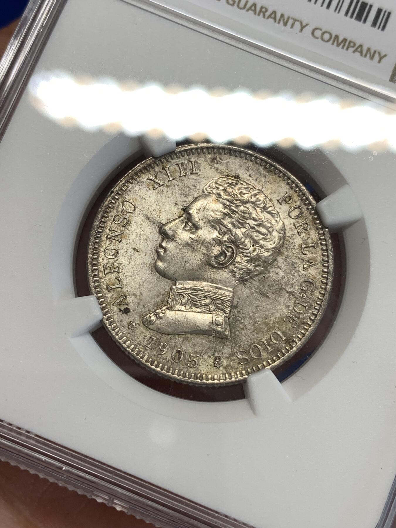 《竞宝斋》第299场- 周日，周一  2场连拍 （全场包邮） NGC MS63 西班牙1905阿方索十三世2比塞塔银币