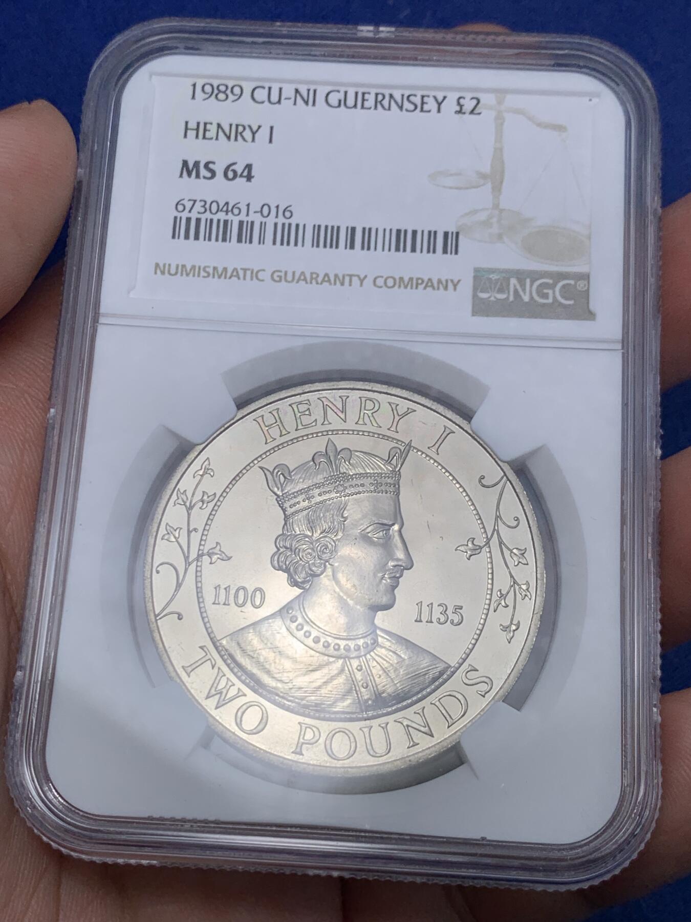 《竞宝斋》第299场- 周日，周一  2场连拍 （全场包邮） NGC MS64 1989年英属根西岛亨利一世（1100-1135）国王2磅纪念币
