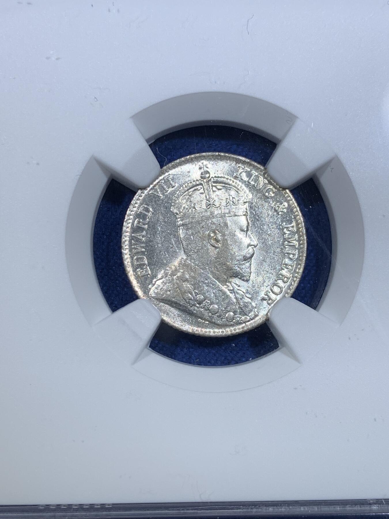 《竞宝斋》第299场- 周日，周一  2场连拍 （全场包邮） NGC MS62 香港 1904年 一毫 爱德华 银币 原光币