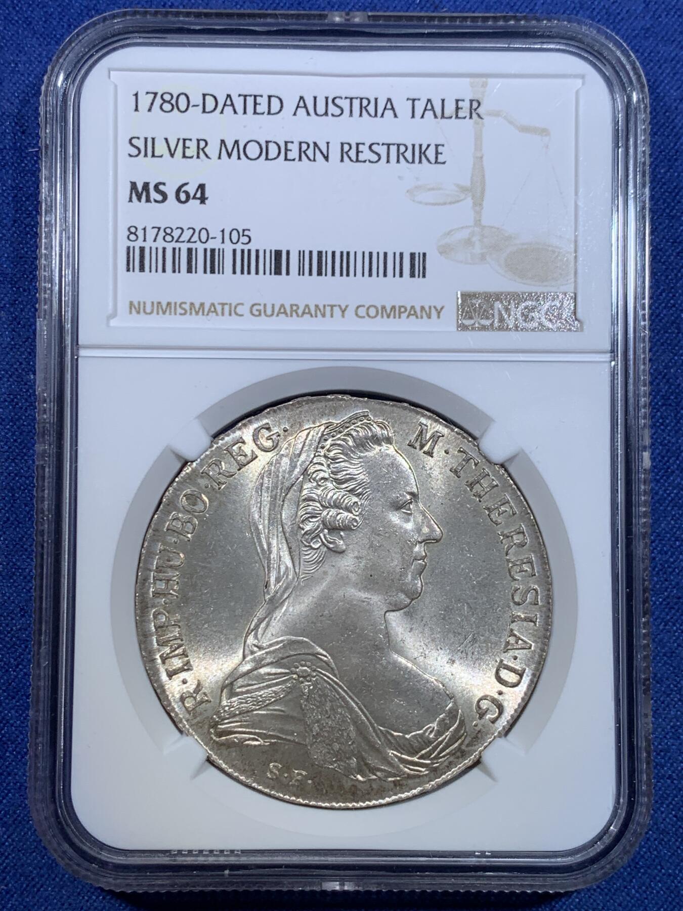 《竞宝斋》第299场- 周日，周一  2场连拍 （全场包邮） NGC MS64 奥地利1780年玛利亚·特丽莎1泰勒大银币 后铸版