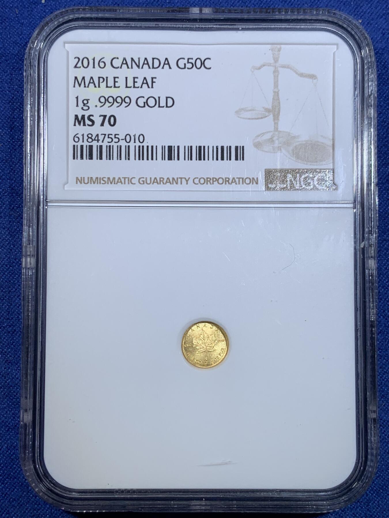 《竞宝斋》第299场- 周日，周一  2场连拍 （全场包邮） NGC MS70 加拿大2016年枫叶50分金币 1克9999金