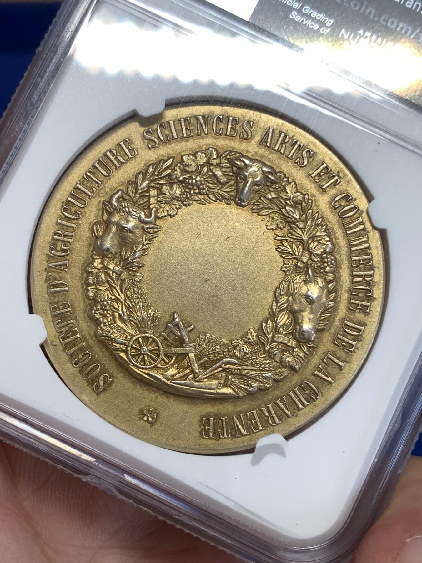 《竞宝斋》第299场- 周日，周一  2场连拍 （全场包邮） NGC MS63 法国农业协会镀金银章marey名作（麦田里的收获场景与辛勤的农户们）41mm丰饶角agent