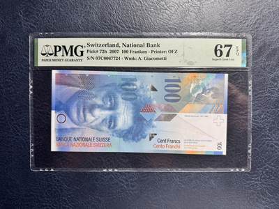 收藏联盟Quantum Auction 第370期拍卖  - 瑞士联邦2007年100法郎 PMG67  雕塑家 画家艺术家 贾科梅蒂