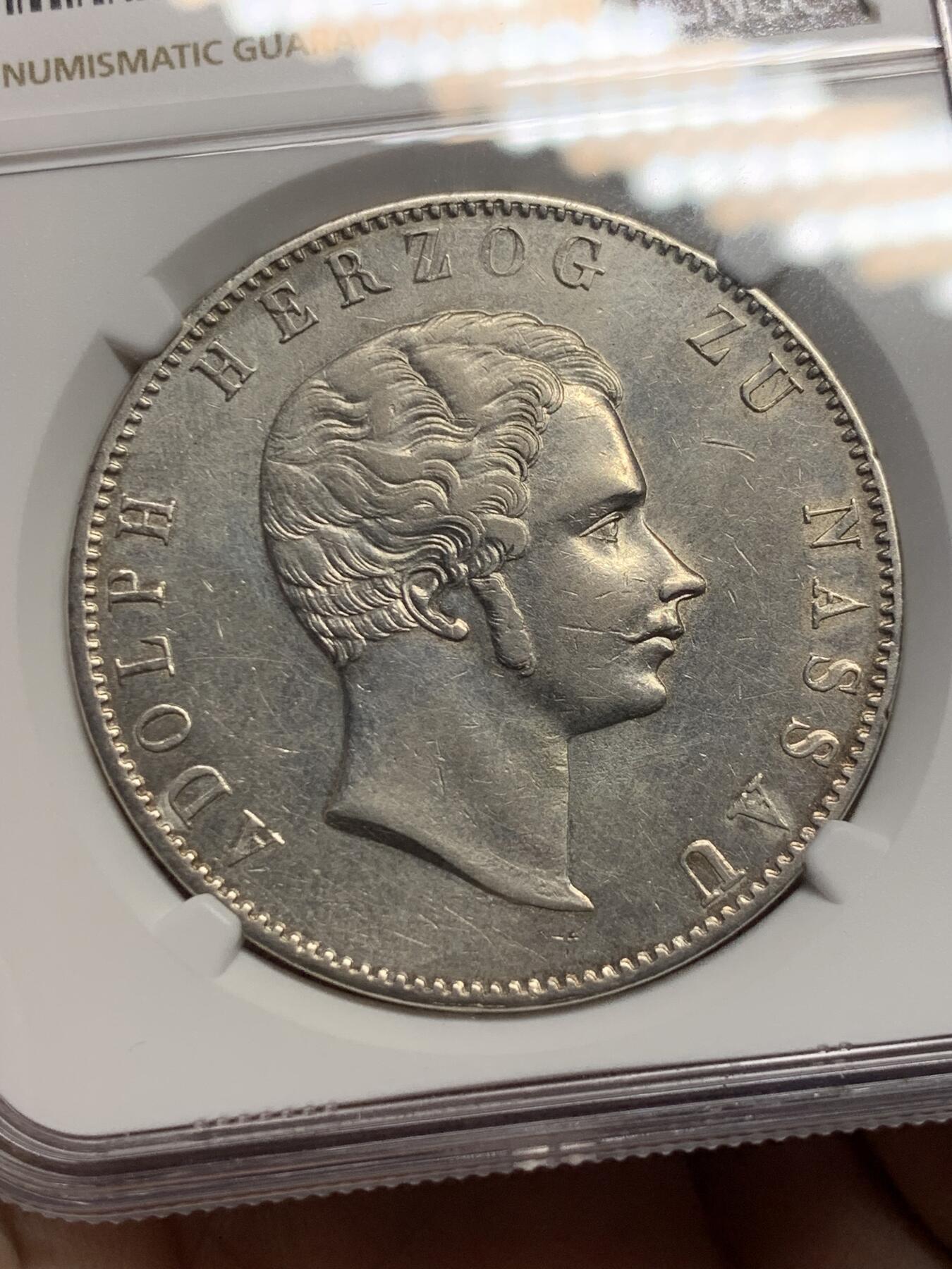 《竞宝斋》第299场- 周日，周一  2场连拍 （全场包邮） NGC AU 德国 拿骚 1854年 阿道夫2泰勒37克 大银币 光度不错  AU已经很难了