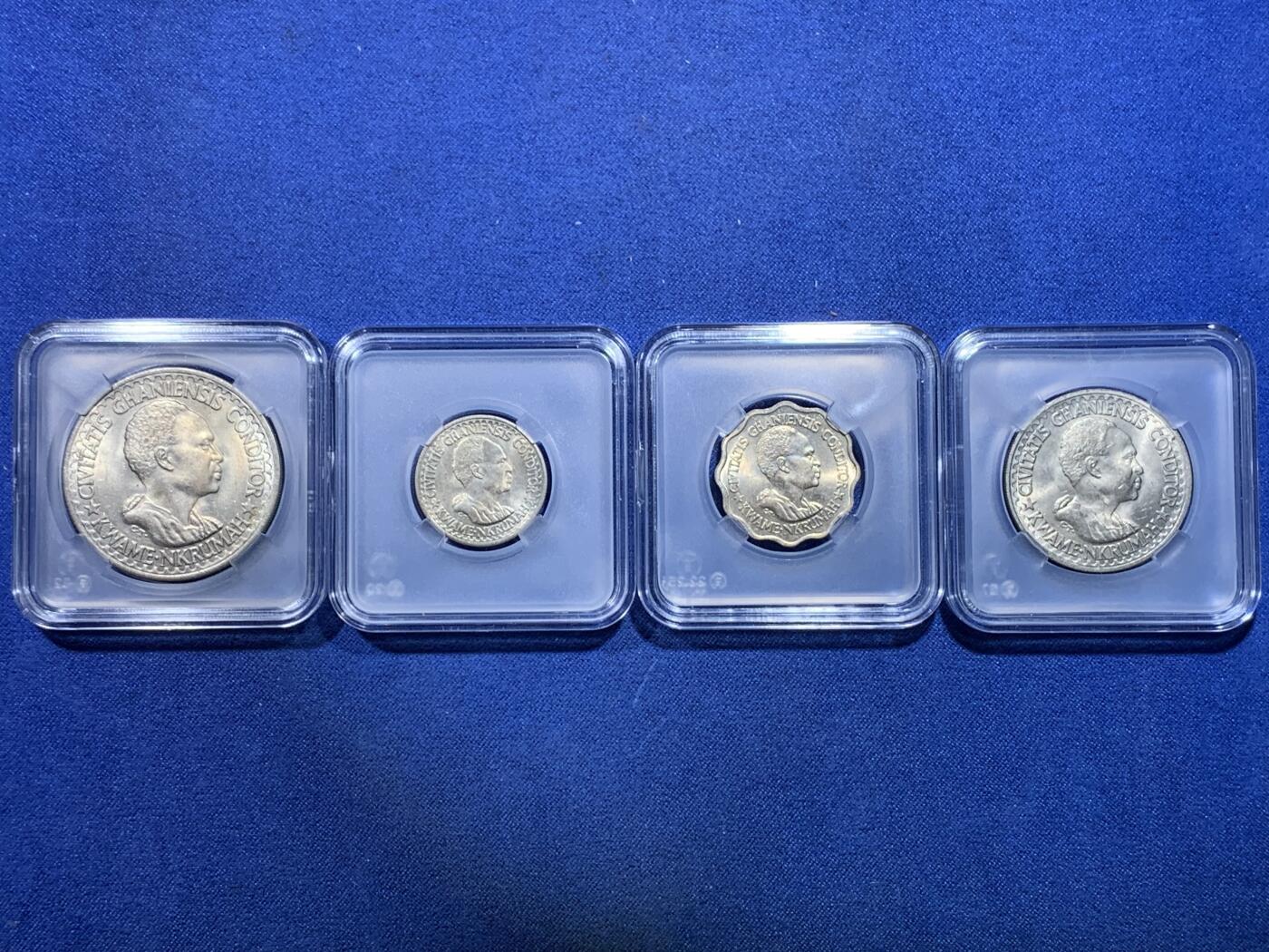 《竞宝斋》第299场- 周日，周一  2场连拍 （全场包邮） 1965 加纳 MS 四枚全套 大热品种  老藏家封装拆出入盒 克瓦米·恩克鲁玛头像 一步到位 适合自藏