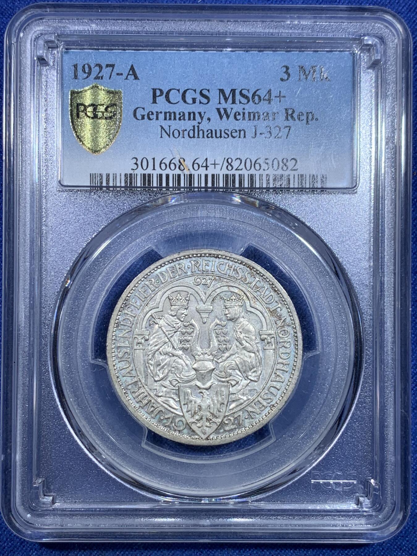 《竞宝斋》第299场- 周日，周一  2场连拍 （全场包邮） PCGS MS64+ 德国1927A魏玛时期诺德豪森3马克银币，克书MS63标价650美金，少见