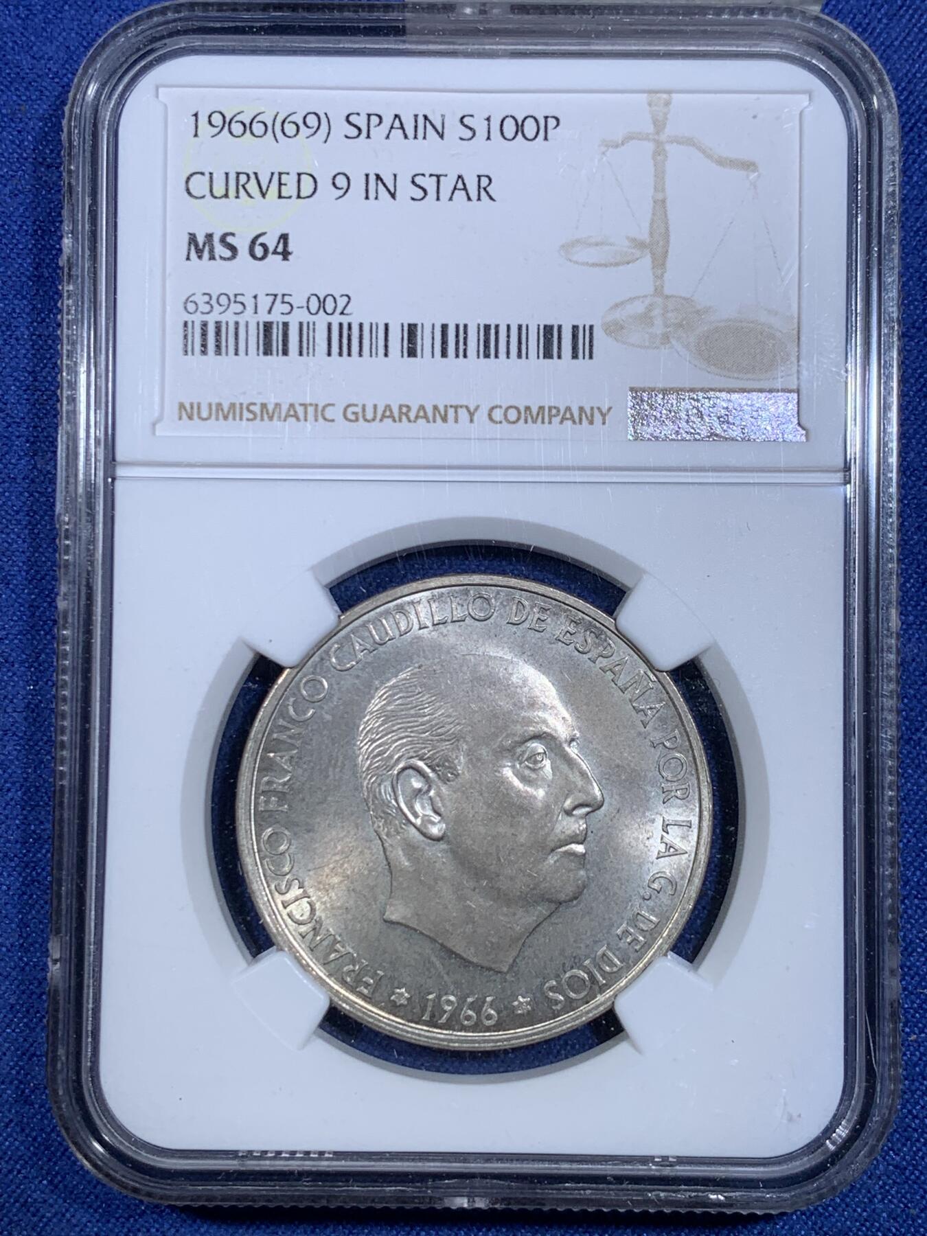 《竞宝斋》第299场- 周日，周一  2场连拍 （全场包邮） NGC MS64 西班牙1966(69) 弗朗哥100比塞塔银币 大特年