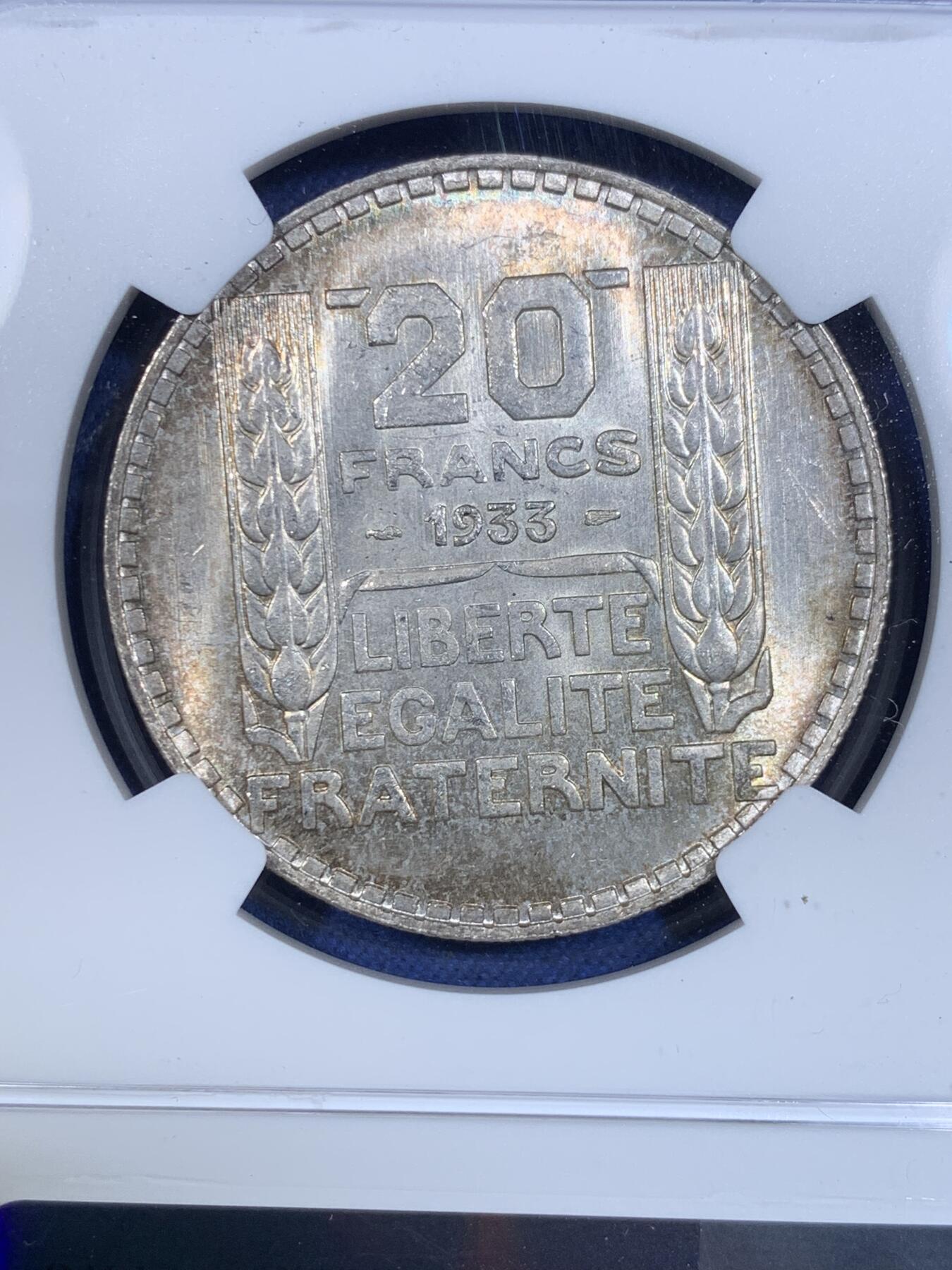 《竞宝斋》第299场- 周日，周一  2场连拍 （全场包邮） NGC MS63 法国1933年桂冠女神20法郎银币