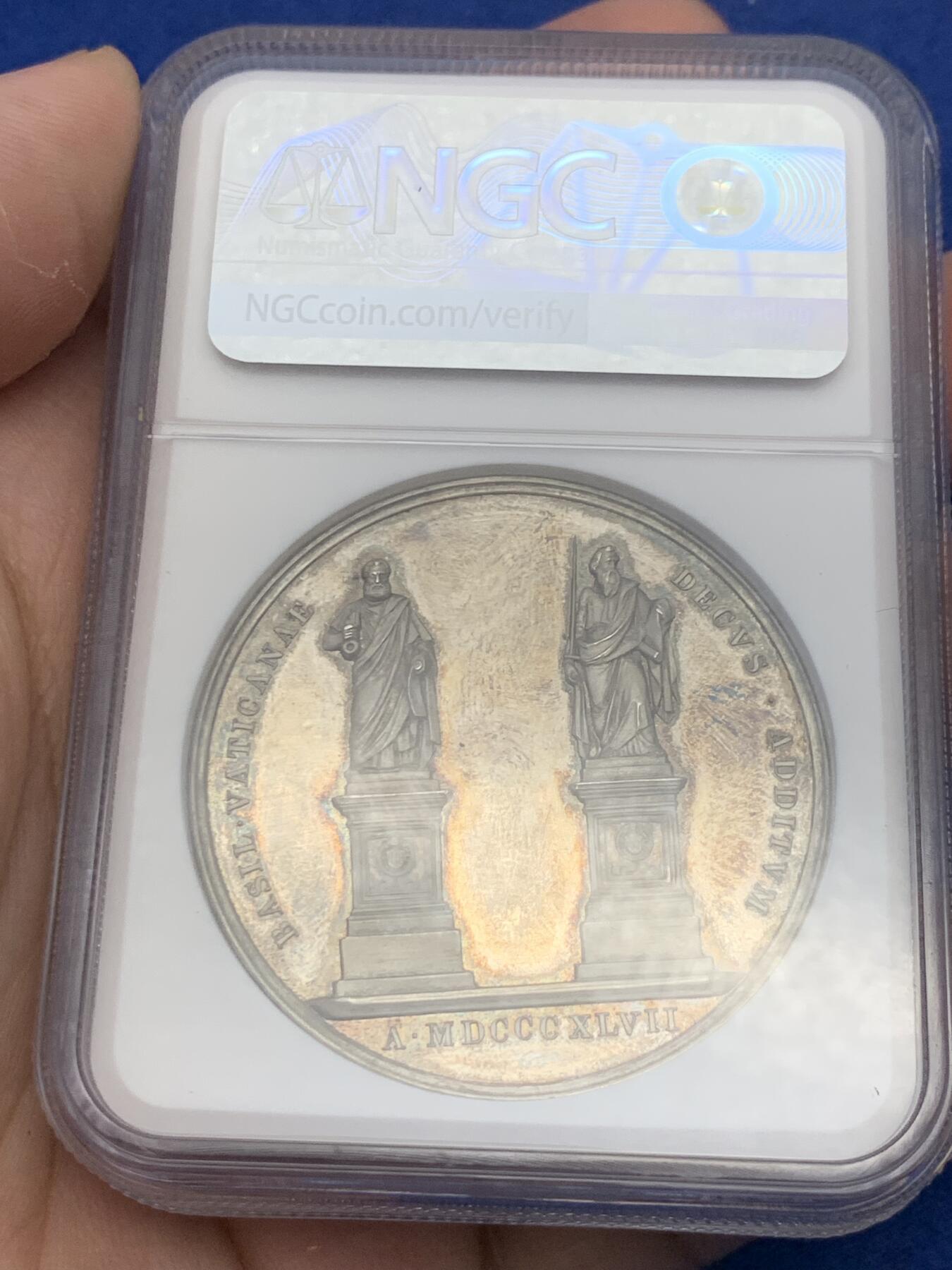 《竞宝斋》第299场- 周日，周一  2场连拍 （全场包邮） NGC MS61 教皇国 1847 庇护九世 圣彼得和圣保罗雕塑 纪念银章 加厚盒装 少见品种