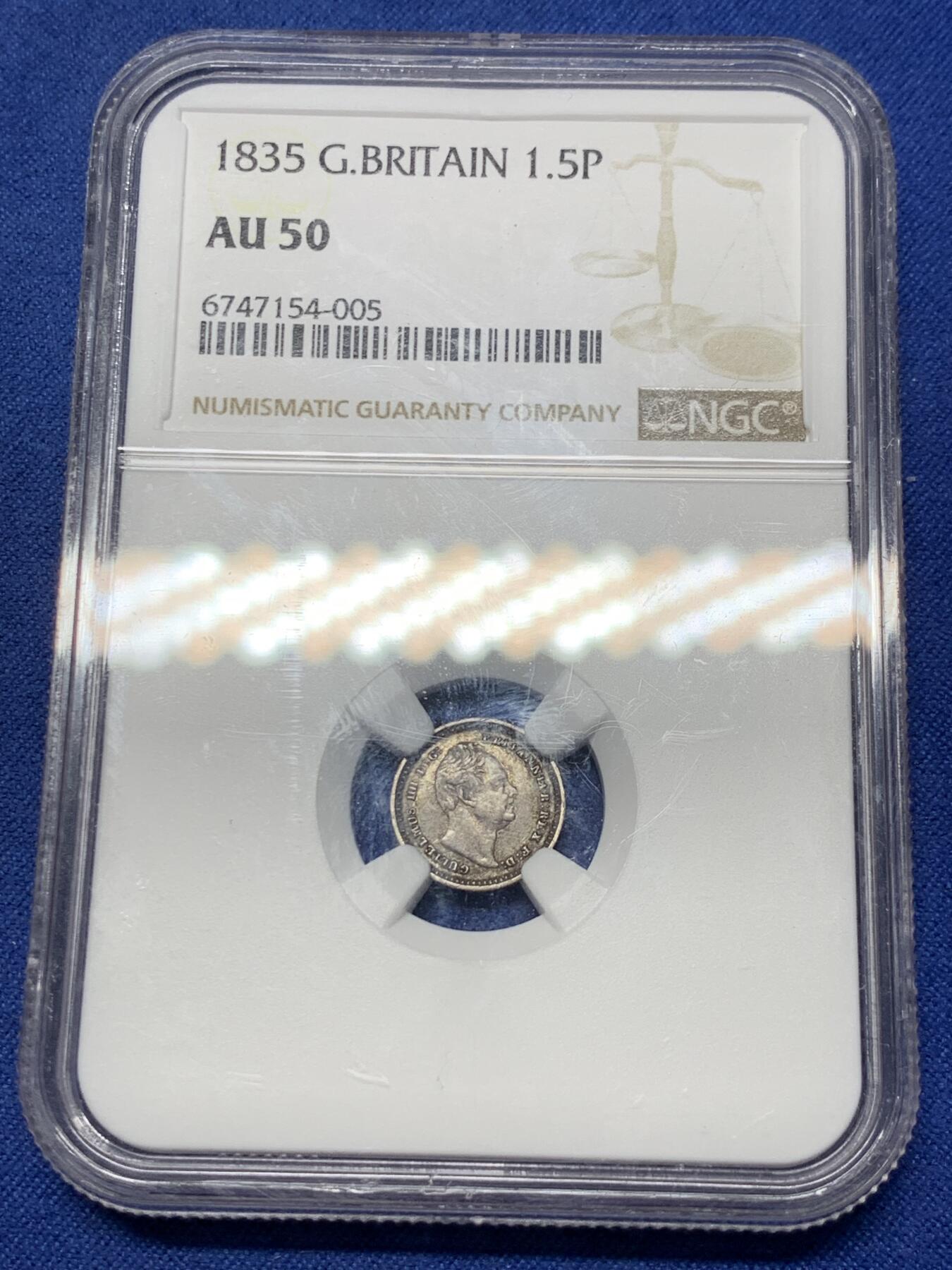 《竞宝斋》第299场- 周日，周一  2场连拍 （全场包邮） NGC AU50 1835年英国威廉四世1.5便士适用于殖民地 小面值辅币历经充分流通仍有此分数 MA同级别售价240美元！