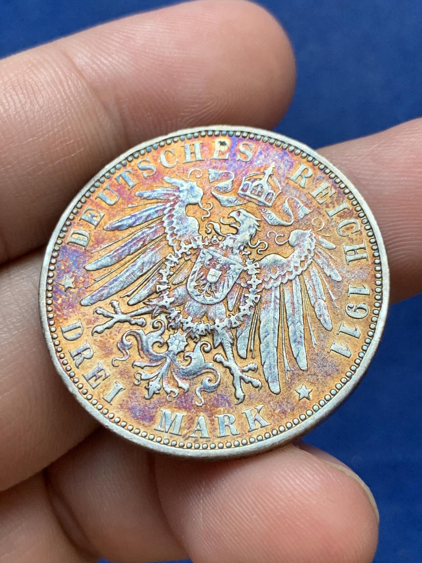 《竞宝斋》第299场- 周日，周一  2场连拍 （全场包邮） 德国1911年汉堡双狮3马克银币