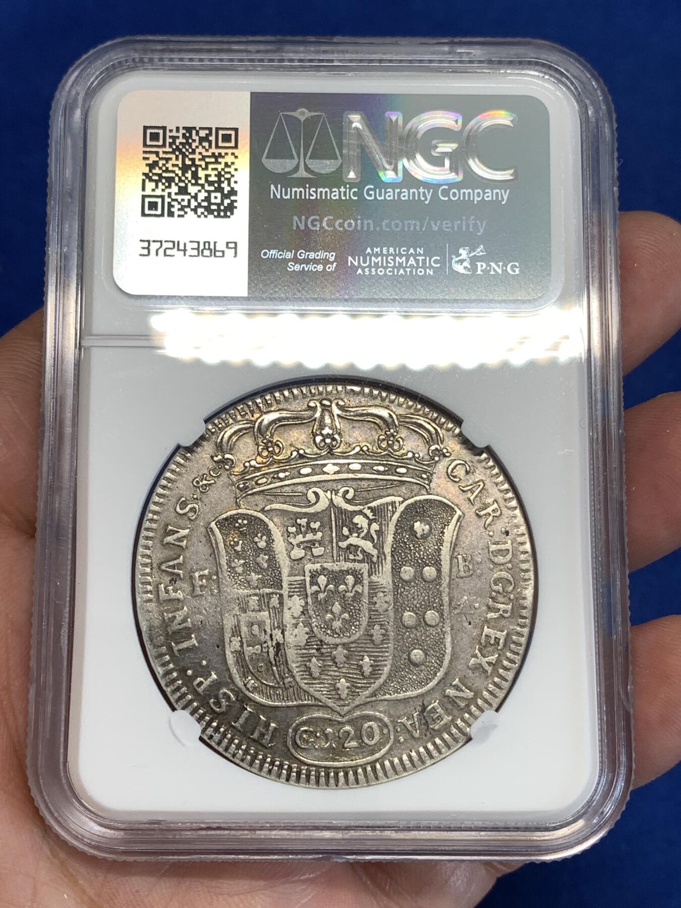 《竞宝斋》第299场- 周日，周一  2场连拍 （全场包邮） NGC XF 意大利 1734 那不勒斯王国 塞巴斯蒂安 120G 大银币 稀缺品种 细节见图