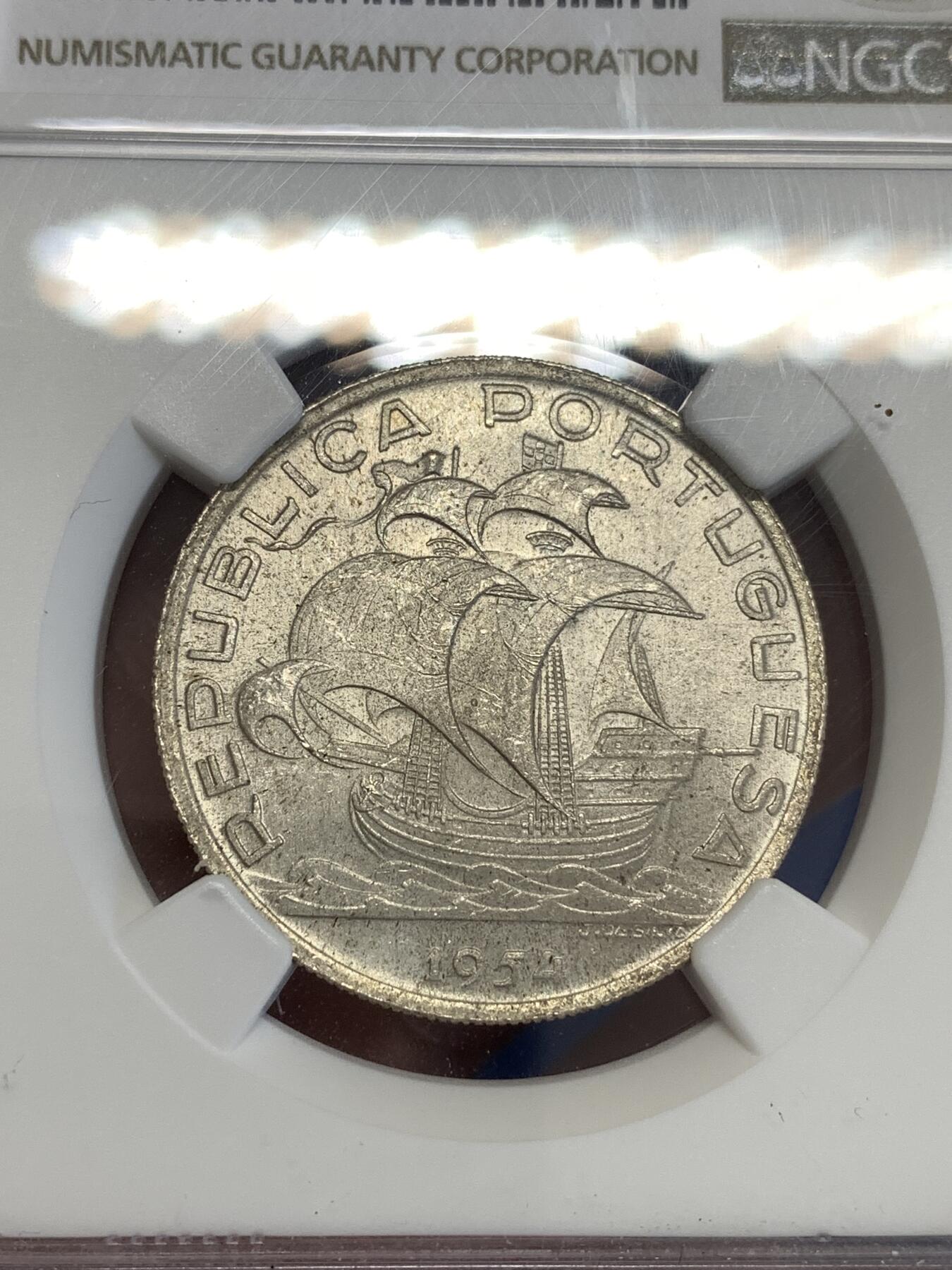 《竞宝斋》第299场- 周日，周一  2场连拍 （全场包邮） NGC MS65 葡萄牙1954年大帆船10埃斯库多银币