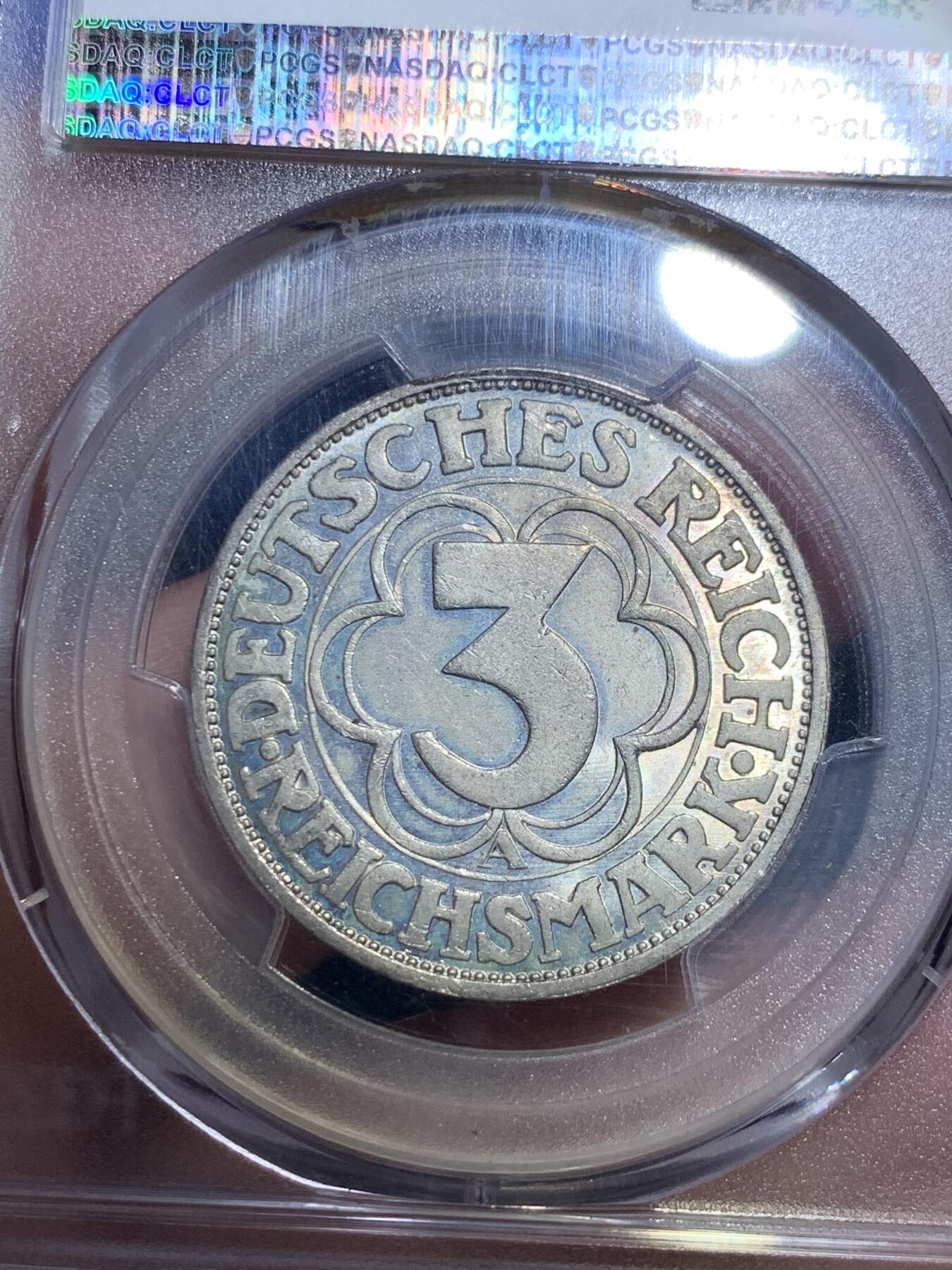 《竞宝斋》第299场- 周日，周一  2场连拍 （全场包邮） PCGS MS64+ 德国1927A魏玛时期诺德豪森3马克银币，克书MS63标价650美金，少见