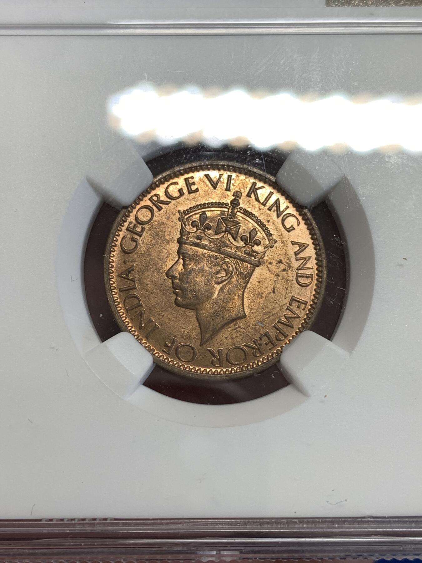 《竞宝斋》第299场- 周日，周一  2场连拍 （全场包邮） NGC MS65RB 锡兰1945年乔治六世1分铜币 近RD原铜光