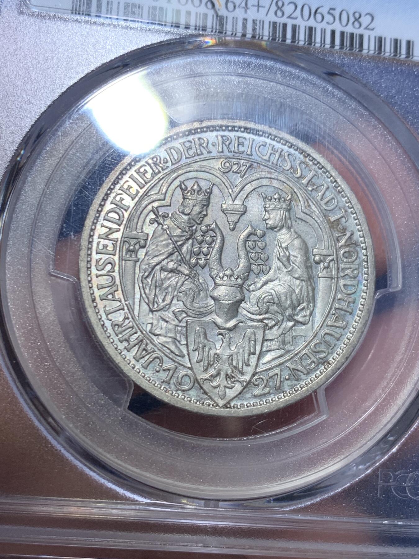 《竞宝斋》第299场- 周日，周一  2场连拍 （全场包邮） PCGS MS64+ 德国1927A魏玛时期诺德豪森3马克银币，克书MS63标价650美金，少见