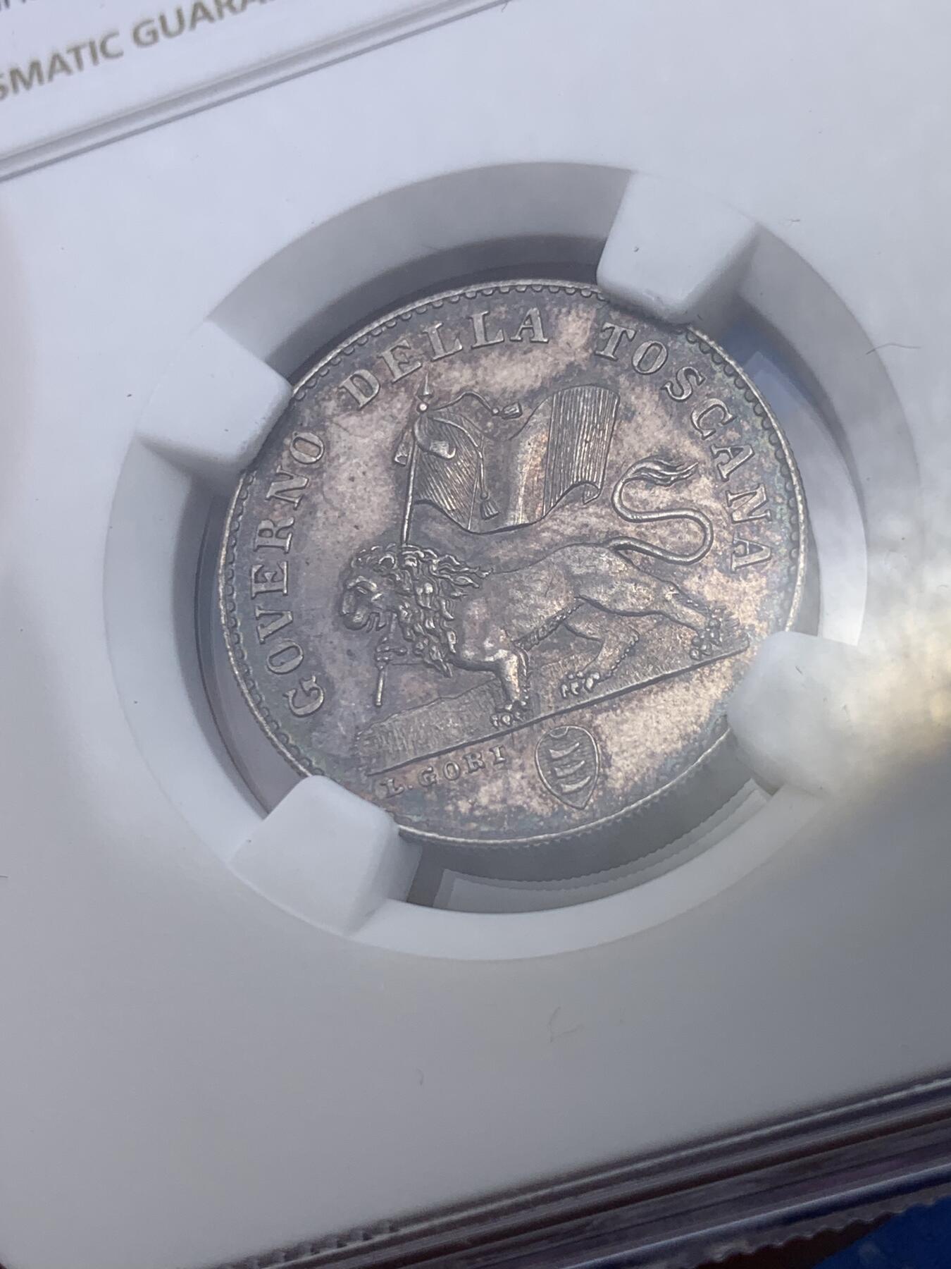 《竞宝斋》第299场- 周日，周一  2场连拍 （全场包邮） NGC MS62 意大利1859托斯卡纳临时政府1弗洛林，单年版，临时政府发行的唯一银币。状态极佳带PL