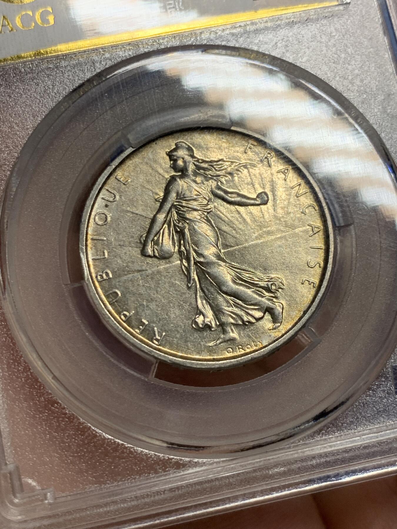 《竞宝斋》第299场- 周日，周一  2场连拍 （全场包邮） ACG AU55 法国1962年播种女神5法郎银币 淡金色包浆