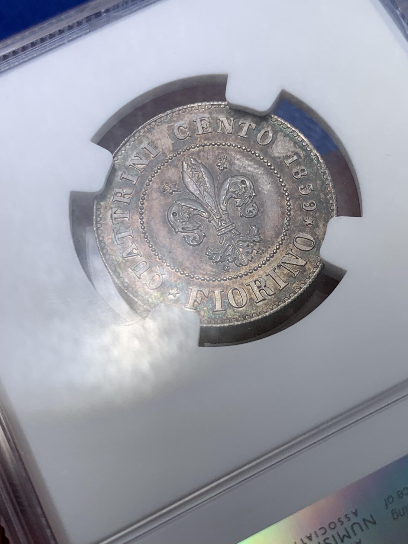 《竞宝斋》第299场- 周日，周一  2场连拍 （全场包邮） NGC MS62 意大利1859托斯卡纳临时政府1弗洛林，单年版，临时政府发行的唯一银币。状态极佳带PL